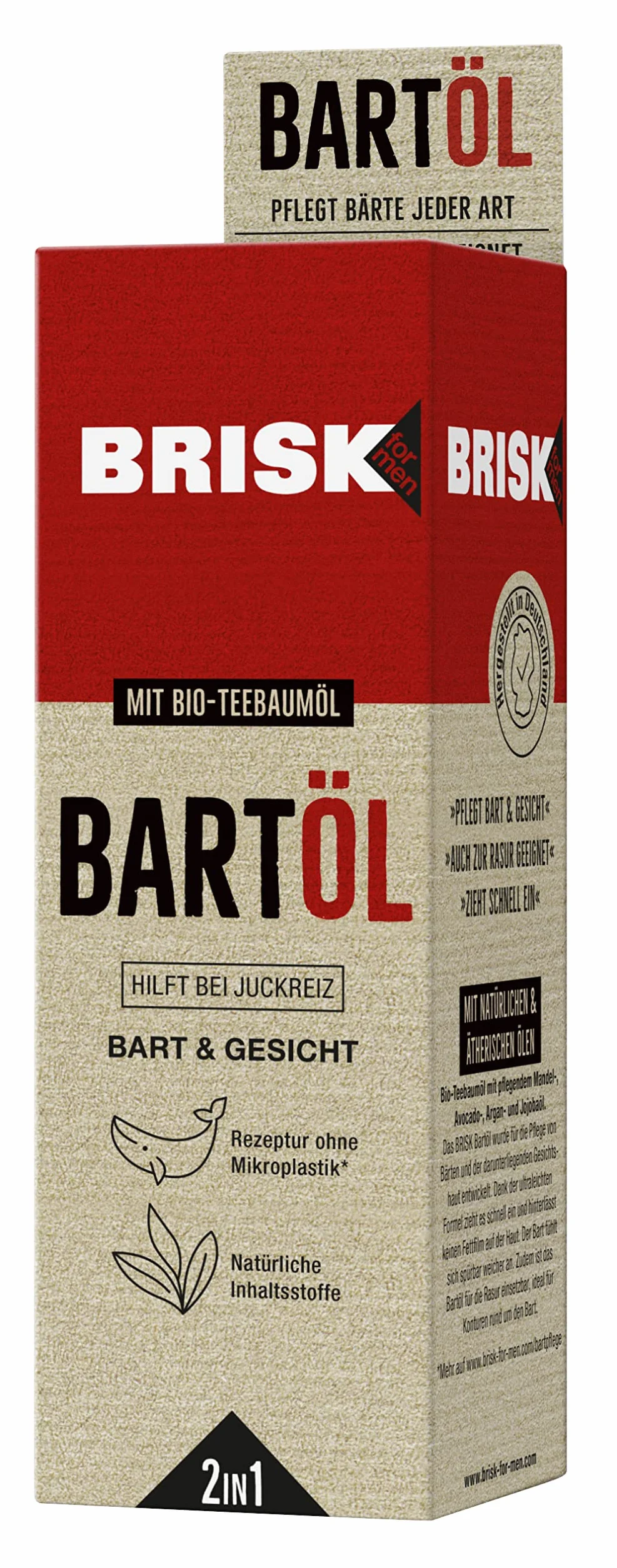 BRISK 2 w 1 olejek do brody dla mężczyzn, 50 ml, pielęgnacja brody z ekologicznym olejkiem z drzewa herbacianego, szybko się wchłania, do zadbanej skóry i miękkich włosów, nie natłuszcza, również do golenia, pielęgnacja twarzy dla mężczyzn