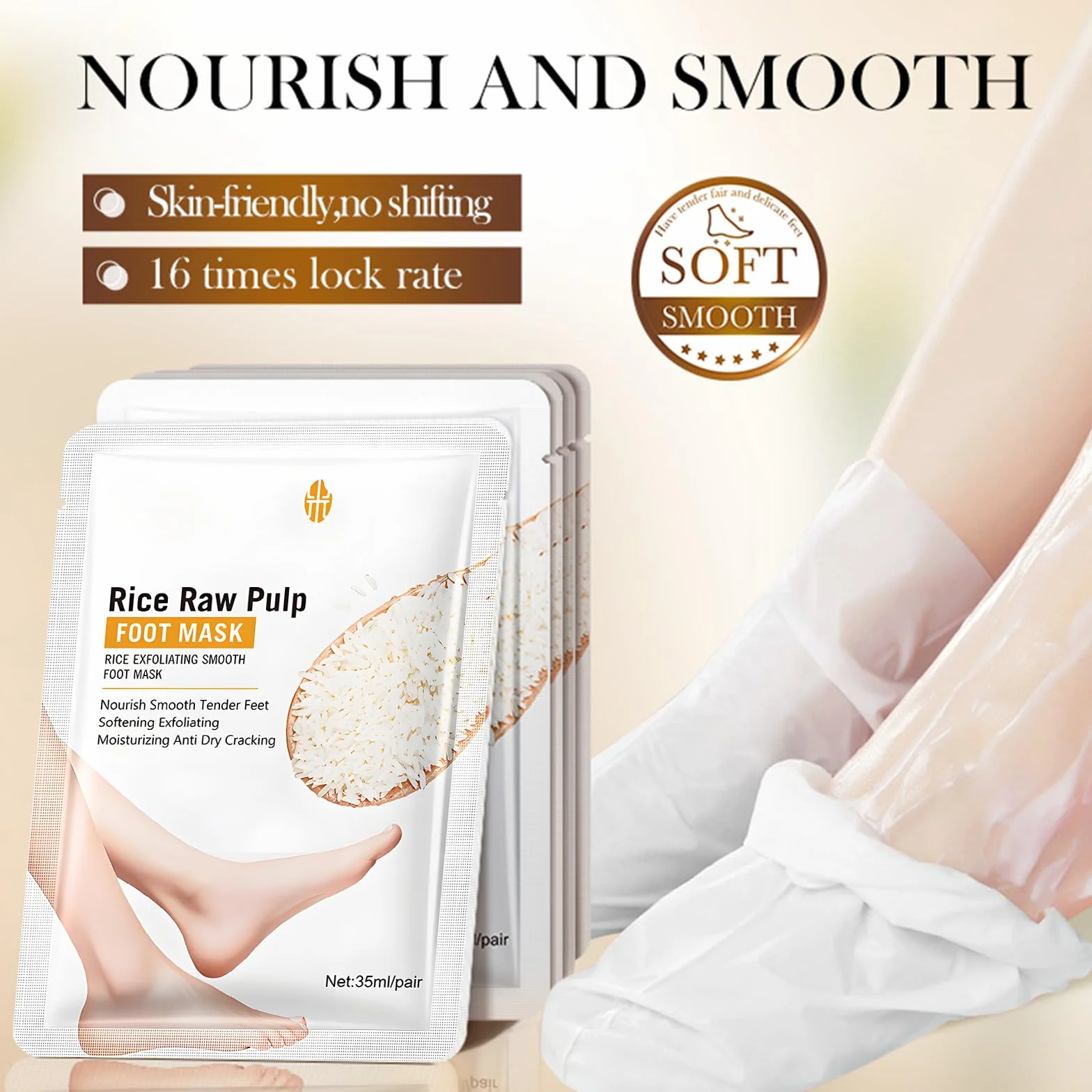 Rice Exfoliating Smooth Foot Mask zestaw masek do rąk, z naturalnym ekstraktem z ryżu, zapewnia głębokie nawilżenie, pielęgnuje suchą i popękaną skórę, 6 par masek na stopy i 6 par masek do rąk