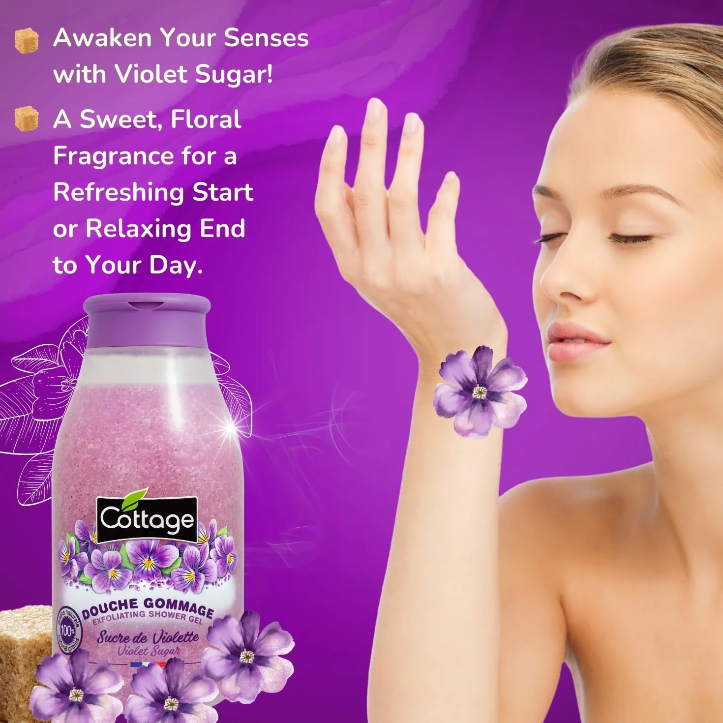 Cottage Peeling pod prysznic Fioletowy Cukier 100% Naturalne ziarna złuszczające