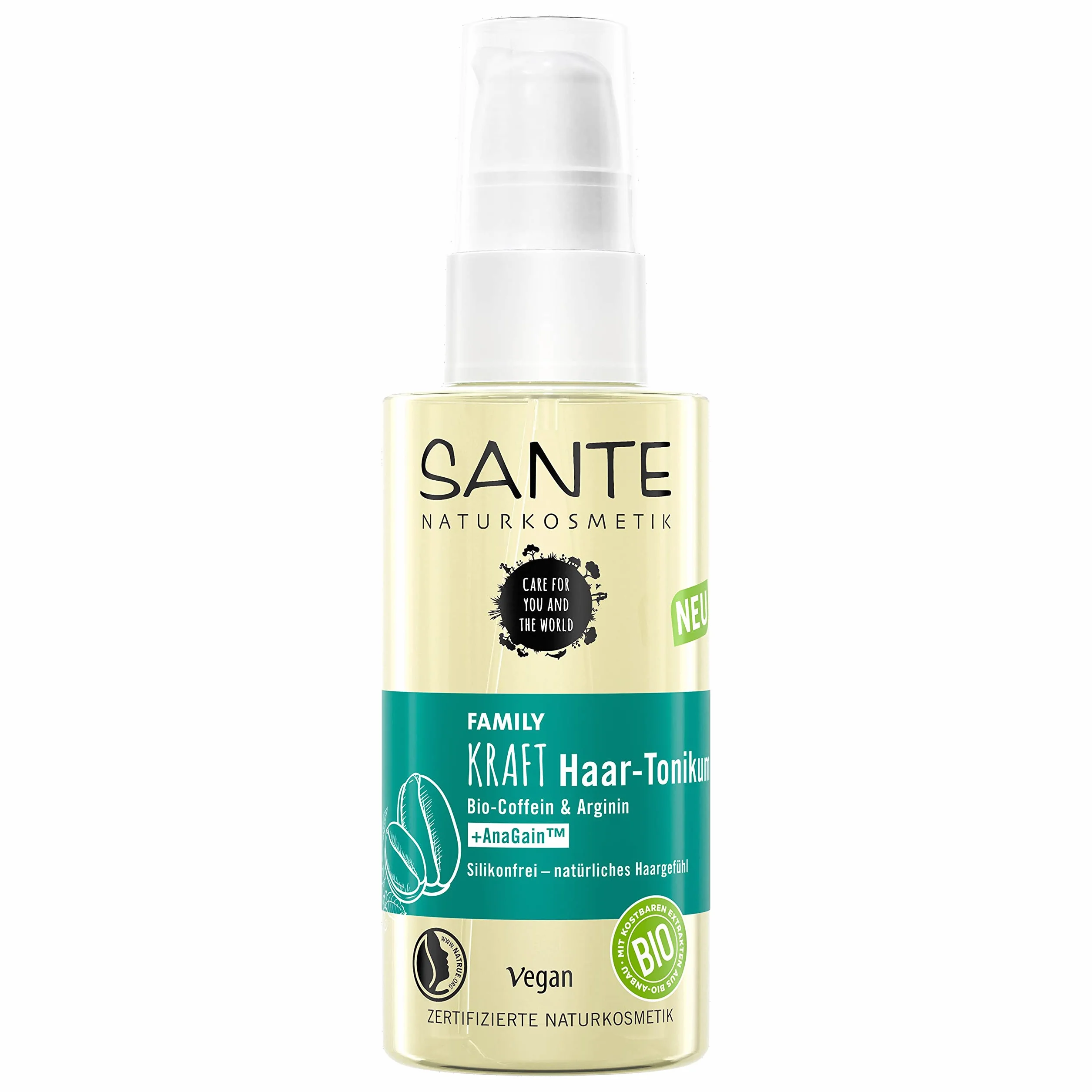 SANTE Naturkosmetik Wzmacniający spray przeciw wypadaniu włosów, zabieg skóry głowy dla zdrowych i pełnych włosów, z biokofeiną, argininą i angininą, tonikiem do włosów, 1 x 75 ml