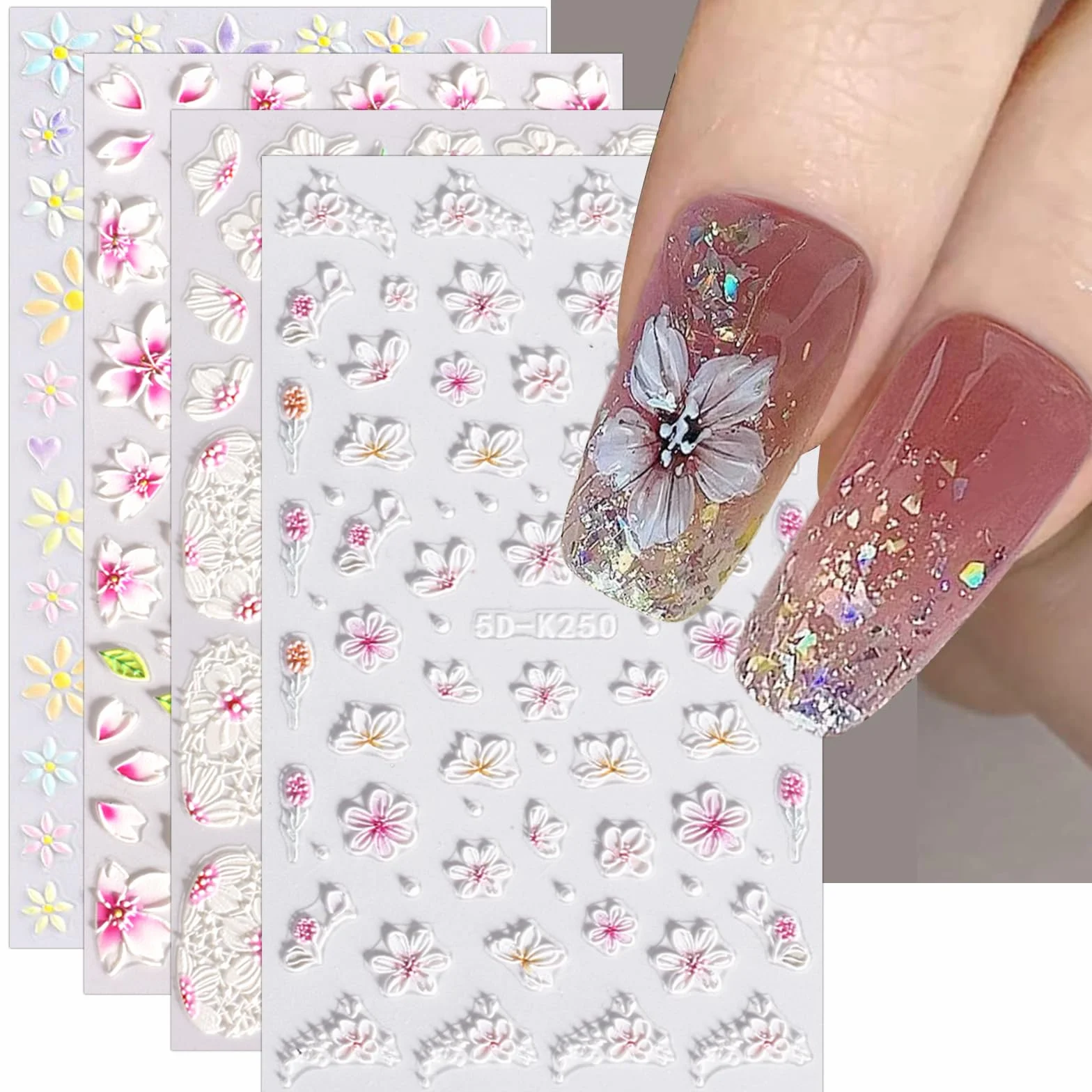 3D Kwiat Nail Art Naklejka Samoprzylepna 4 Arkusze