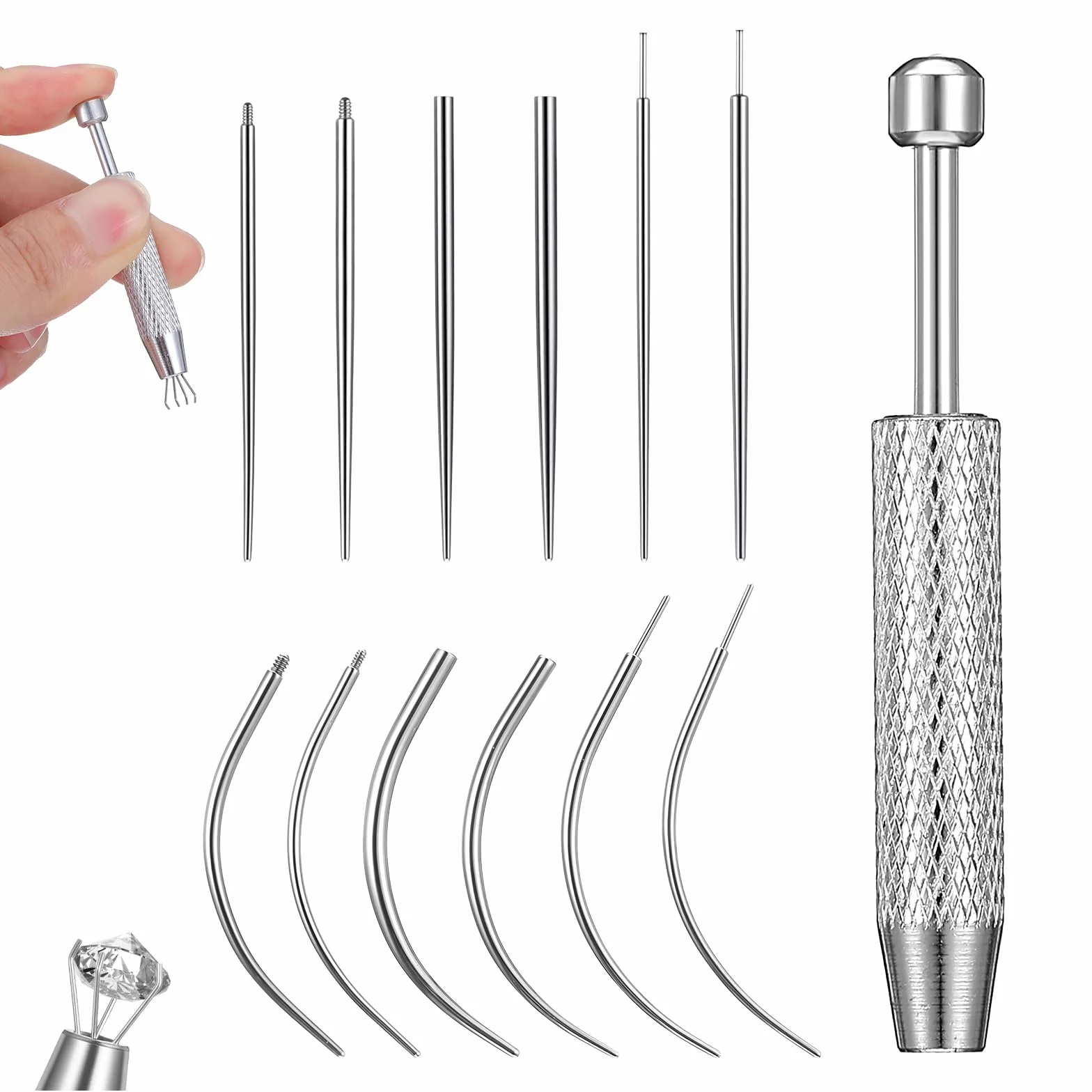 13 szt. narzędzie do piercingu kulkowego 14G, 16G, 18G, 20G, aplikator do kolczyków ze stali nierdzewnej, z gwintowanym i bezgwintowanym trzpieniem do wkładania, zakrzywiony, wciskany, do piercingu