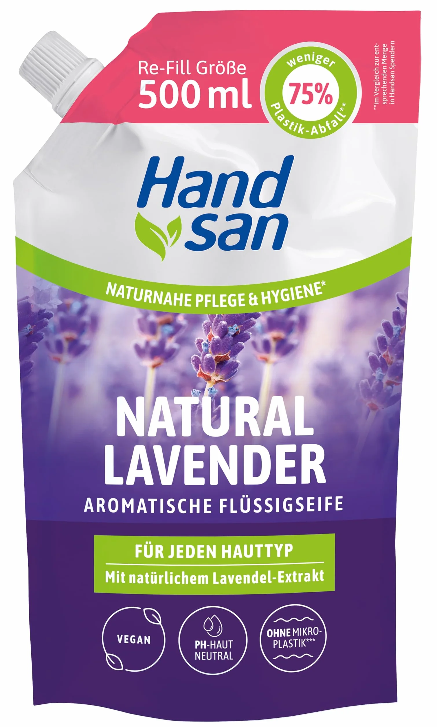 Hand san Mydło w płynie Natural Lavender w woreczku uzupełniającym | z naturalnym olejkiem lawendowym | mycie rąk i oczyszczanie twarzy | receptura bez mikroplastiku | neutralne pH i wegańskie | 500
