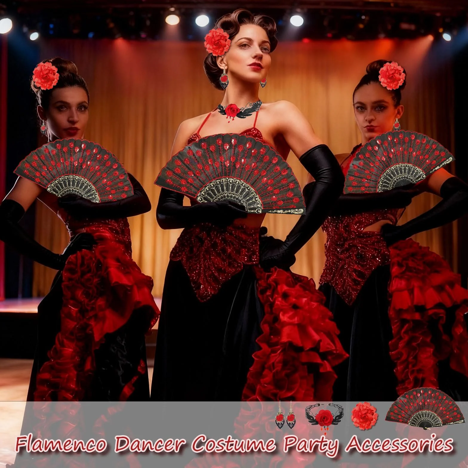 Haftowany wachlarz choker kolczyki kwiat róży spinka do włosów hiszpański kostium tancerki flamenco