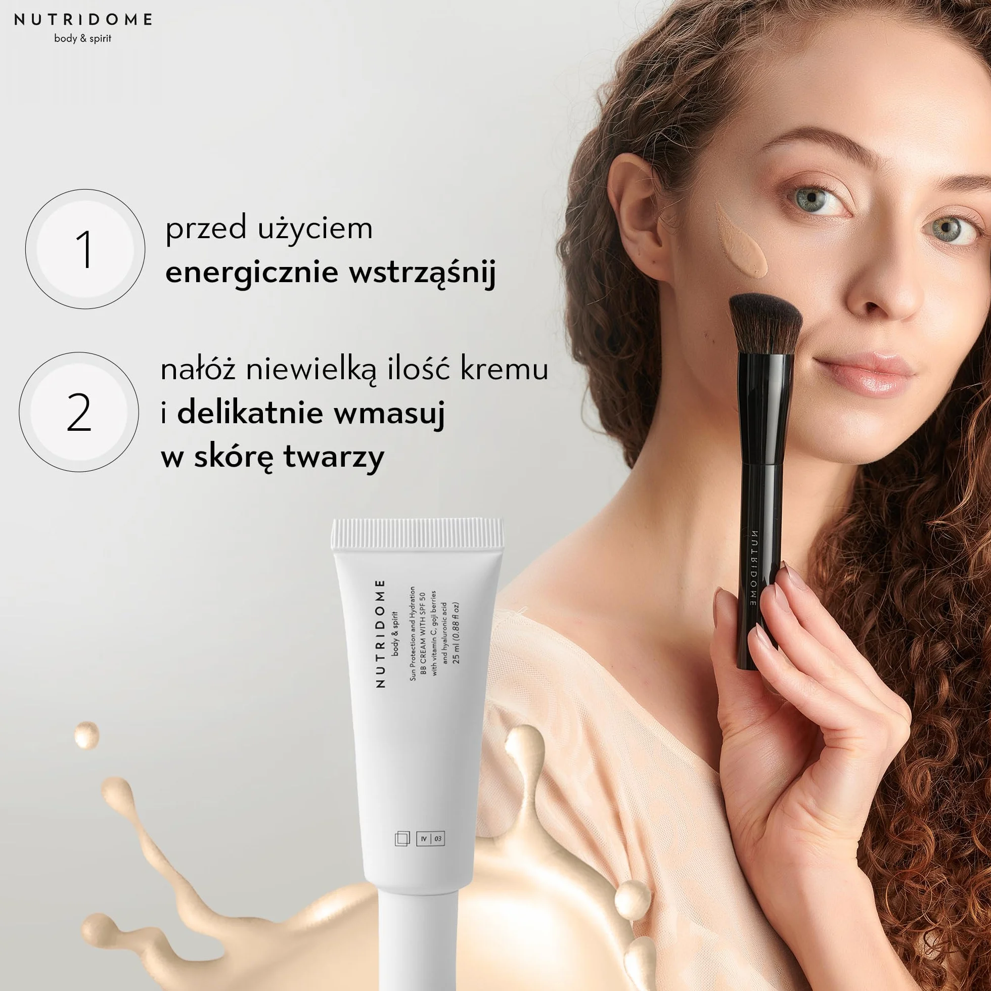 Nutridome | Krem do twarzy BB | SPF50 | Kwas hialuronowy | Wit. C | Skwalan | Oleje roślinne | Chroni przed UV | Kryje drobne niedoskonałości | Wyrównuje koloryt | Kolor: Ivory | 25 ml