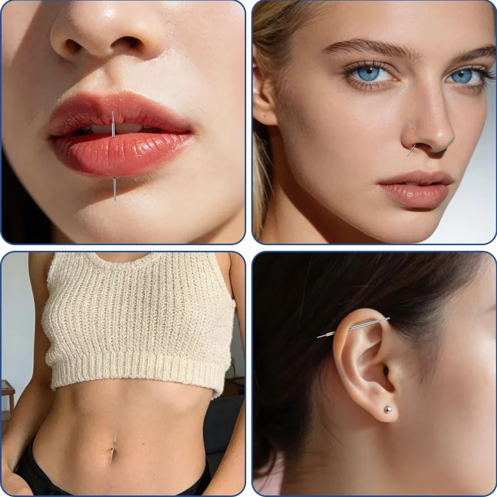 Zestaw do piercingu, 16 g, 18 g, 6 sztuk, stal nierdzewna, do uszu, nosa, warg, brzucha, języka