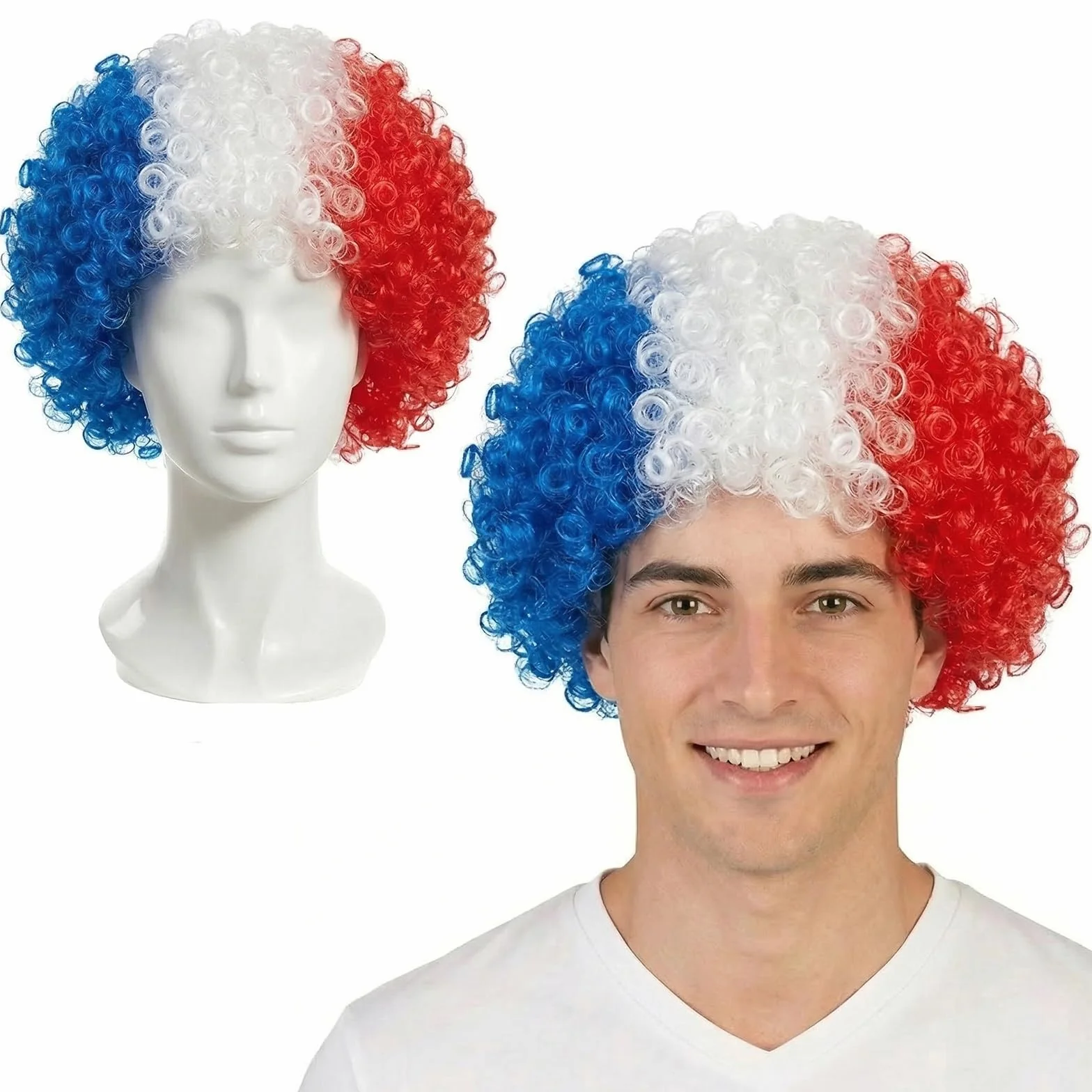 Peruka Kibica Francja Styl Afro Niebiesko-Biało-Czerwona Oddychająca Sztuczna Włosy Tricolore na MŚ 2026
