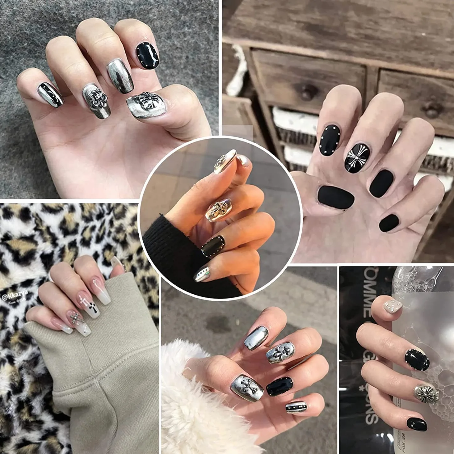 60 sztuk Charms Krzyż Paznokcie 3D Serce Gwiazda Klejnoty Mieszane Styl Sliver Nail Charms Metal Punk Vintage Nail Art Supplies do dekoracji paznokci akrylowych (1#)