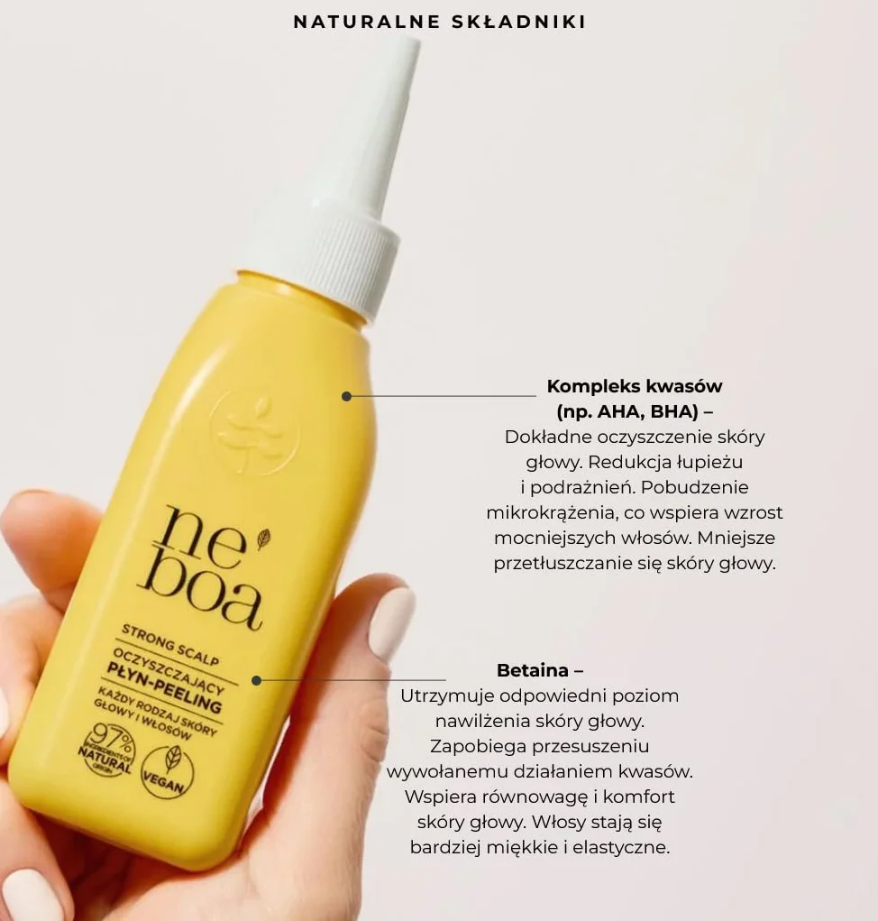 Neboa Strong Scalp, Oczyszczający Płyn-Peeling do Skóry Głowy, Wegański, 97% Naturalnych Składników 100 ml