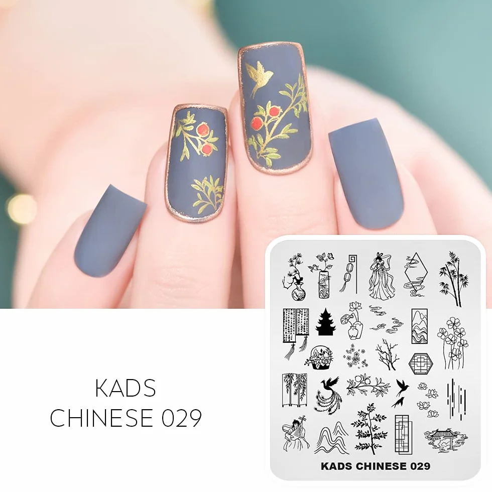 KADS Zestaw stempli do stemplowania paznokci chiński styl 2 szablony stempli + 1 silikonowy stempel (piękno i kot)