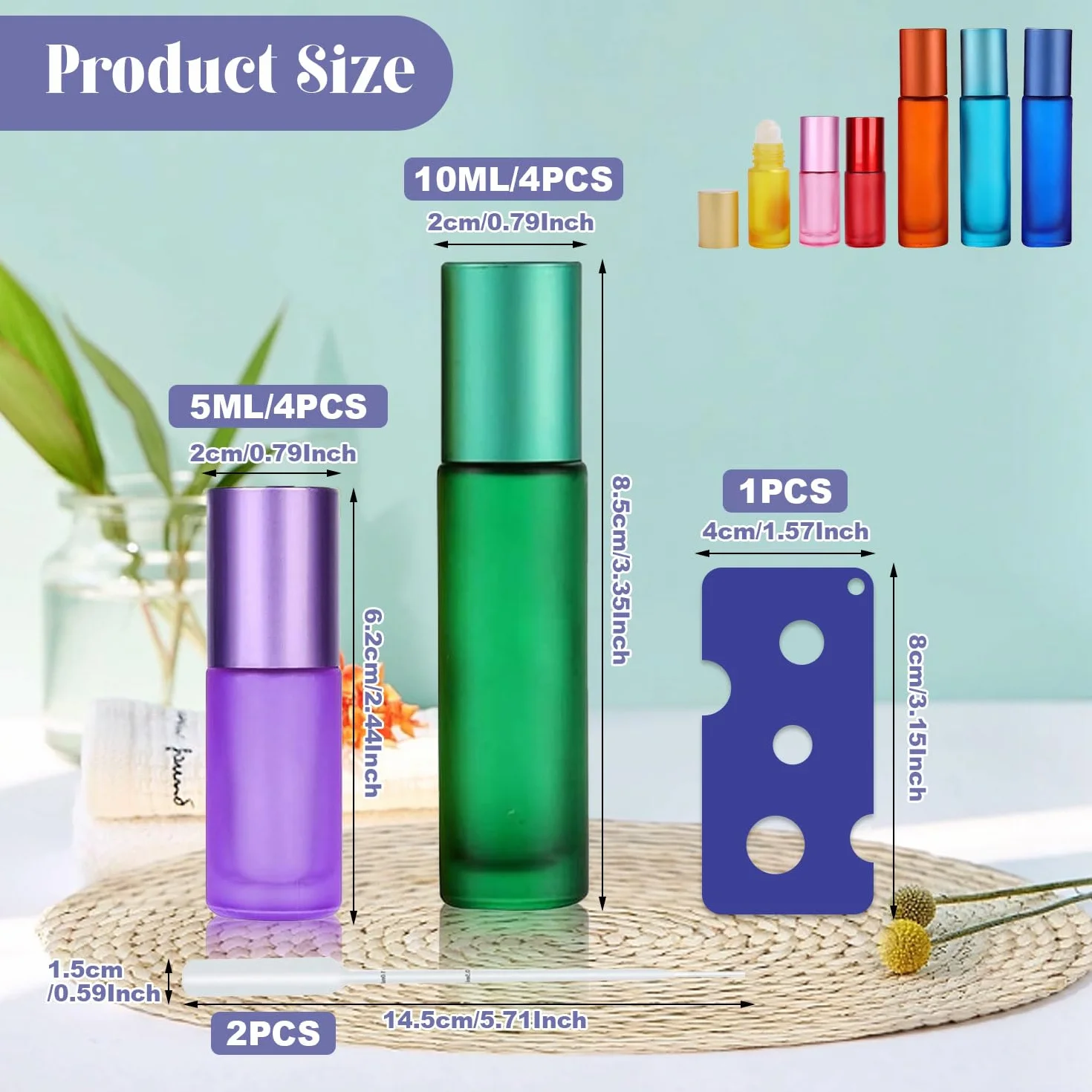 Roll on szklane butelki na olejki eteryczne, dezodorant w kulkach do napełniania, 10 ml, 5 ml, szklane butelki, wielokolorowe, do masażu perfum, olejku eterycznego, 8 sztuk