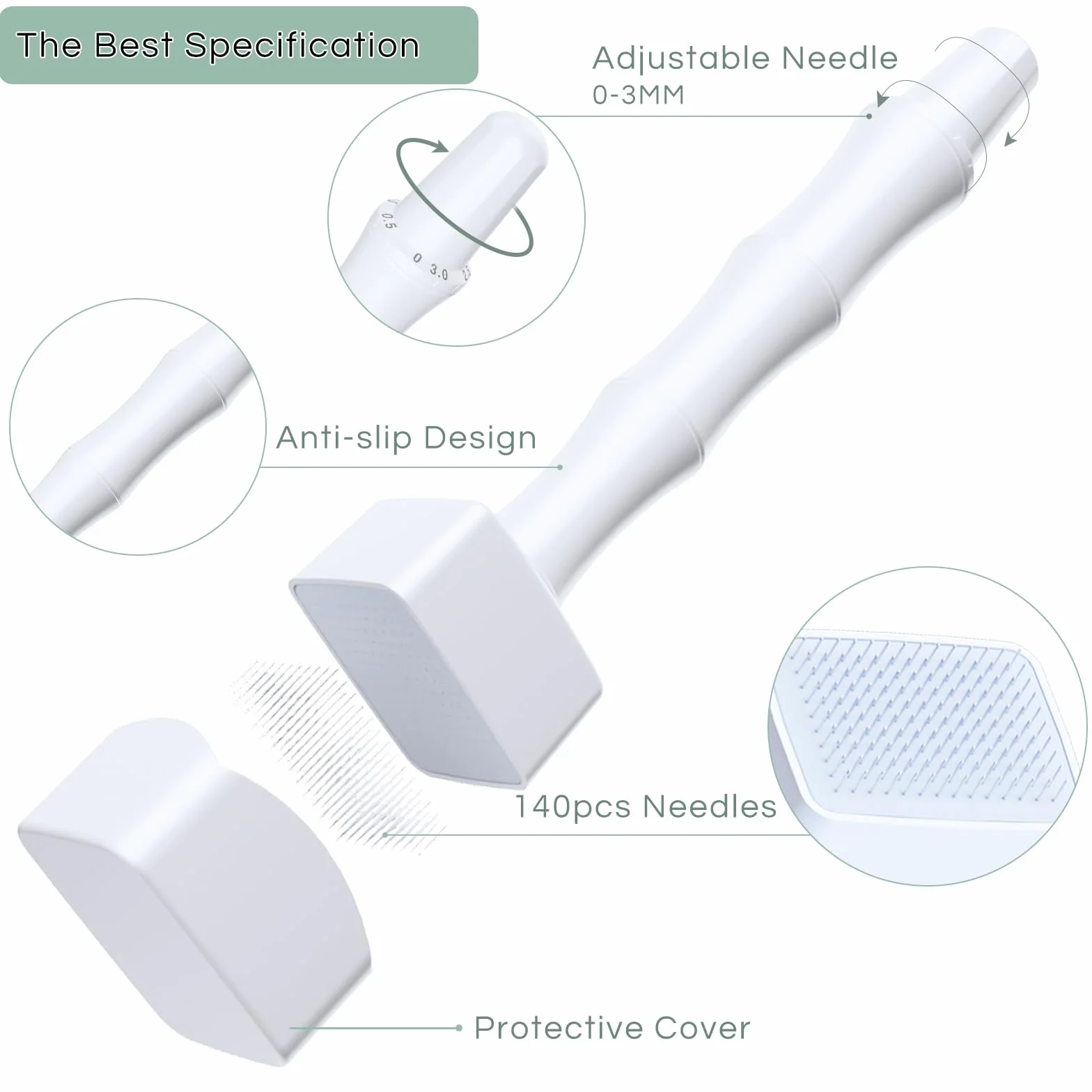 Profesjonalny Dermastamp 0-3 mm, 140 szpilek, do stymulowania wzrostu włosów, brody, twarzy