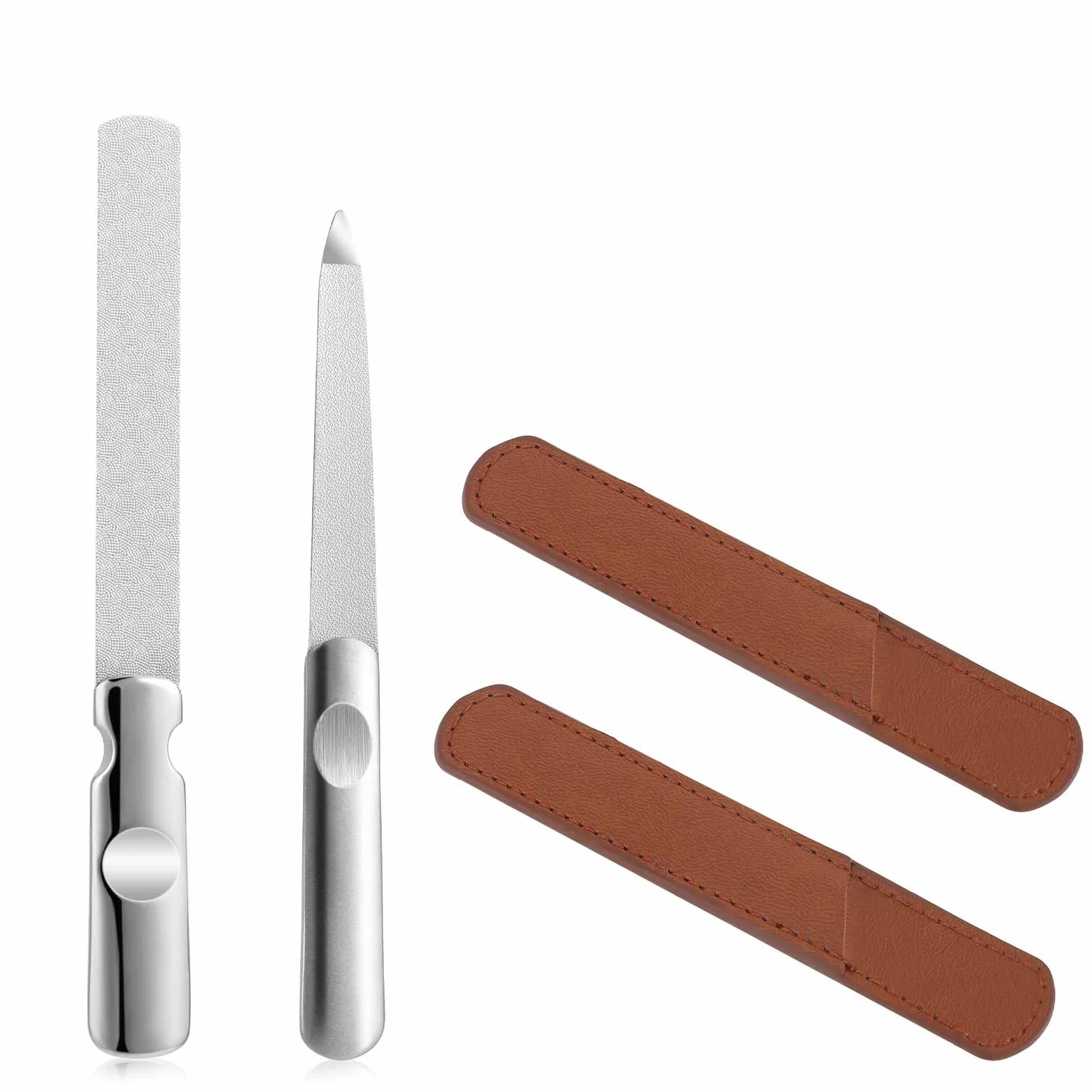 2 x profesjonalny pilnik do manicure ze stali nierdzewnej ze skórzanym etui, dwustronne polerowane pilniki do paznokci, naturalny pilnik do paznokci z antypoślizgowym uchwytem do manicure, pedicure
