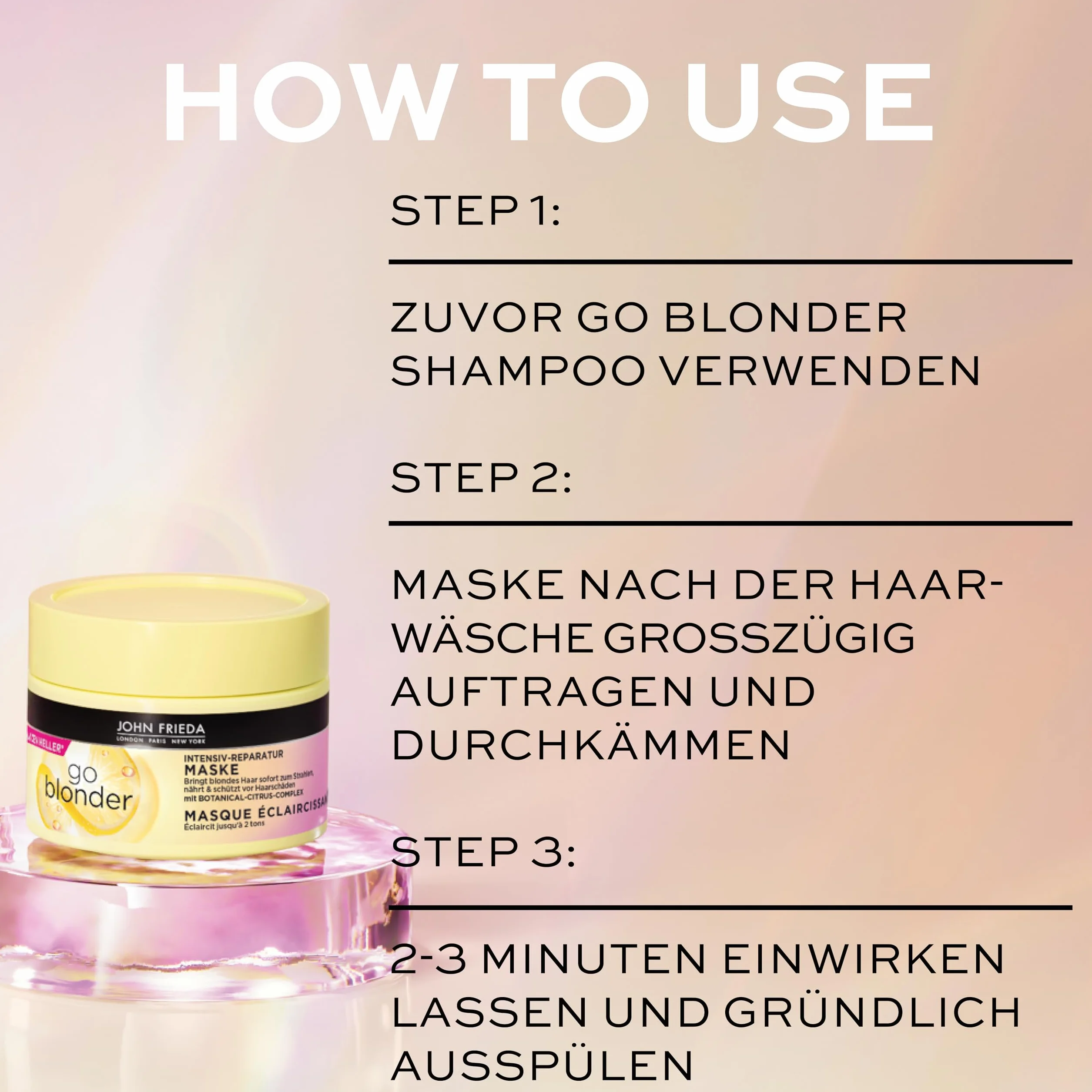 John Frieda Go Blonder maska – zawartość: 250 ml – intensywna regeneracja włosów – typ włosów: blond, blond – chroni przed uszkodzeniami włosów