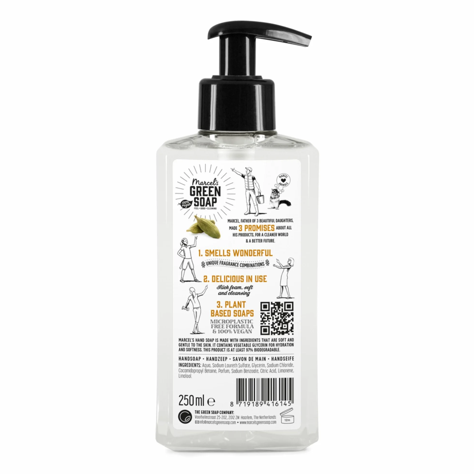 Marcel's Green Soap - Mydło do rąk, drzewo sandałowe i kardamon, dozownik mydła w płynie, przyjazne dla środowiska, wegańskie, w 97% biodegradowalne, 250 ml