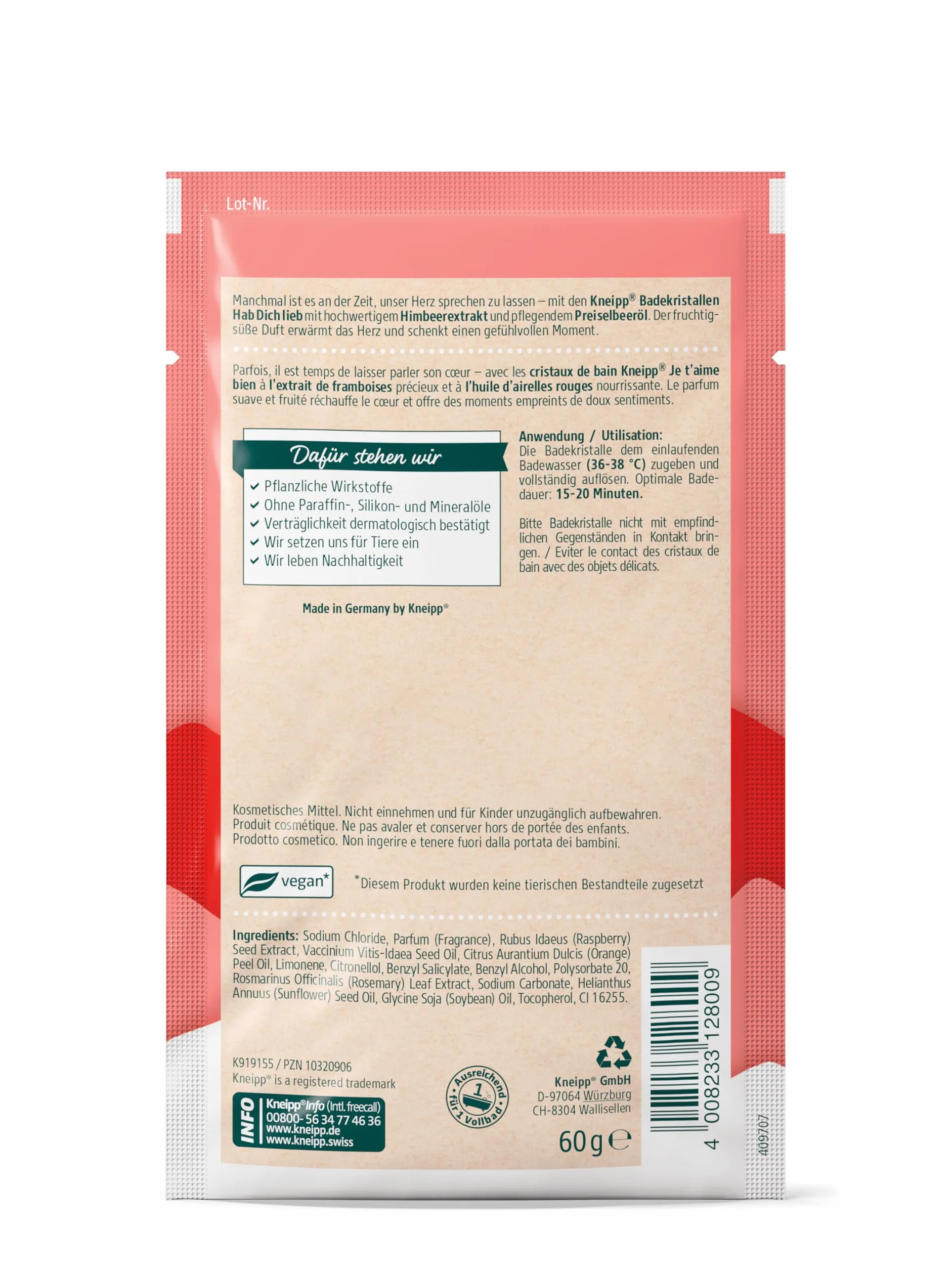 Kneipp Hab dich lieb malina i żurawina kryształki do kąpieli, 60 g (1 opakowanie)