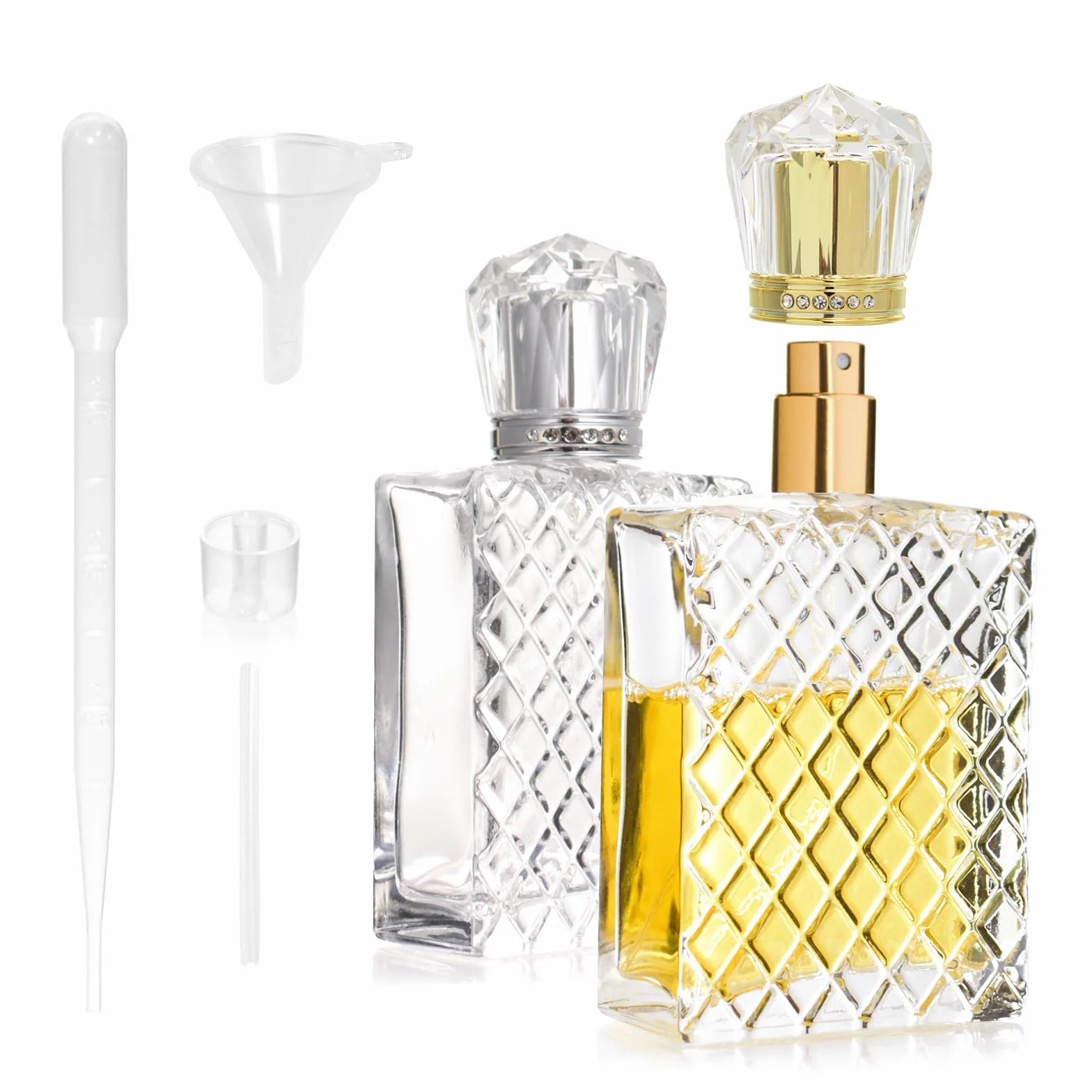 2 szt. 100 ml butelki z rozpylaczem do perfum, do wielokrotnego napełniania, szklany rozpylacz do perfum z koroną, kwadratowe kratki, puste butelki z rozpylaczem do perfum, przenośne, podróżne
