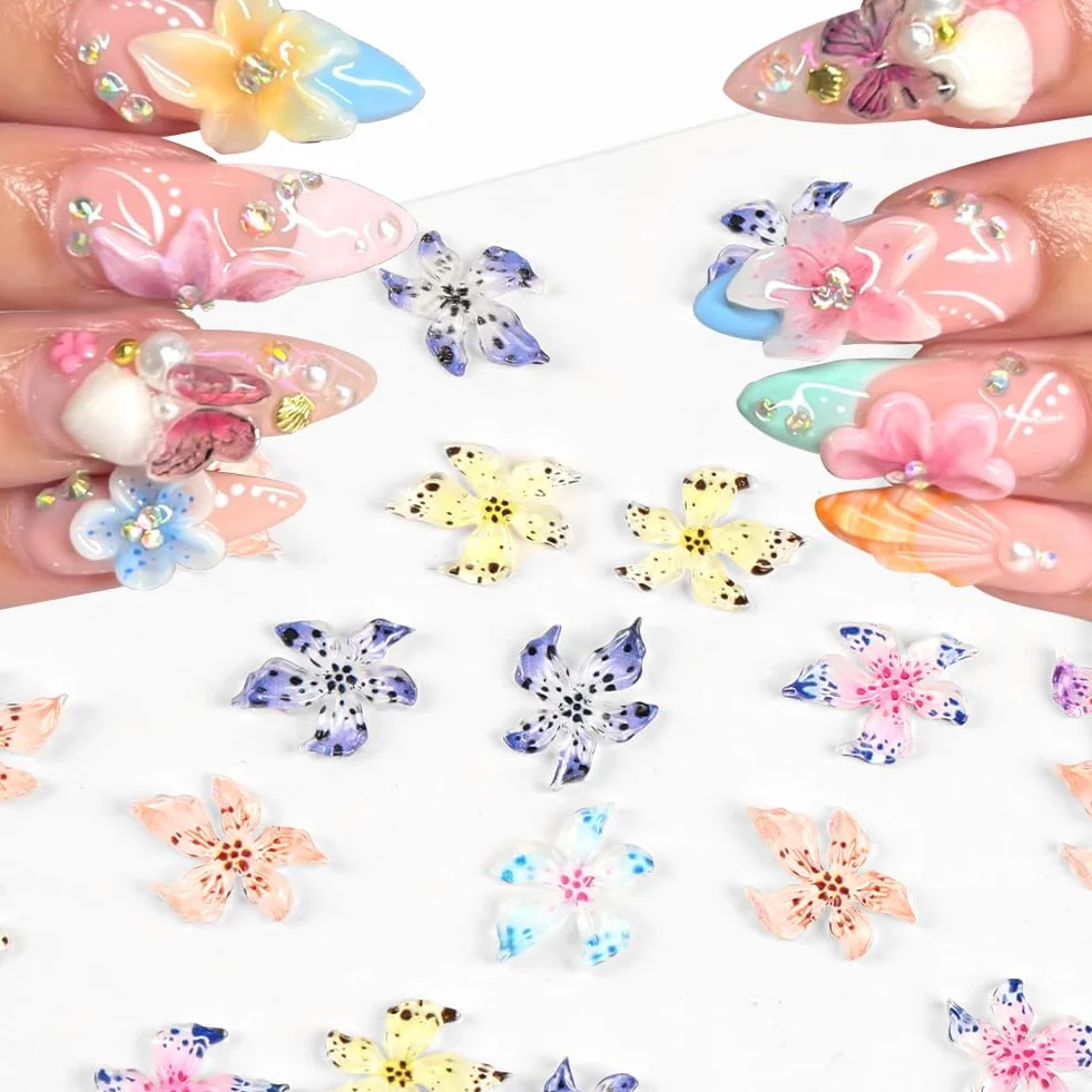 Vicloon Zestaw artystycznych zawieszek do paznokci 60 szt. kwiatowe 3D żywiczne stras DIY manicure