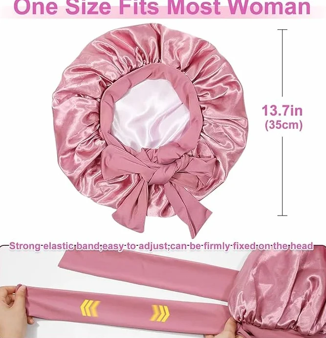 Satin Bonnet Night Sleep Cap, dwustronny jedwabny kaptur do spania, regulowana jedwabna czapka, jedwabne loki, oddychająca jedwabna czapka do spania dla kobiet, kręcone, długie włosy, różowa, Rosa, 60