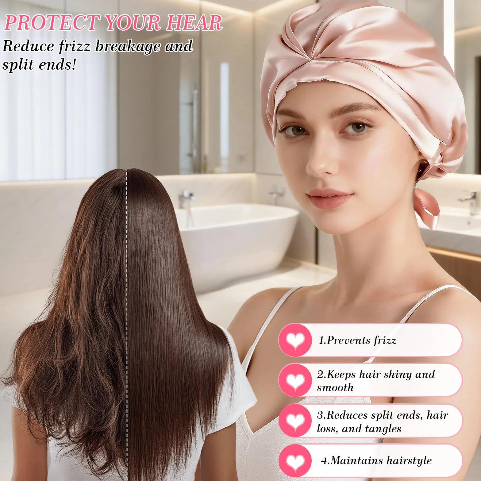 Jedwabny czepek do spania, 100% jedwab morwowy, regulowana, miękka czapka do spania Bonnet jedwabna do kręconych i prostych włosów, Rosa, Rozmiar uniwersalny