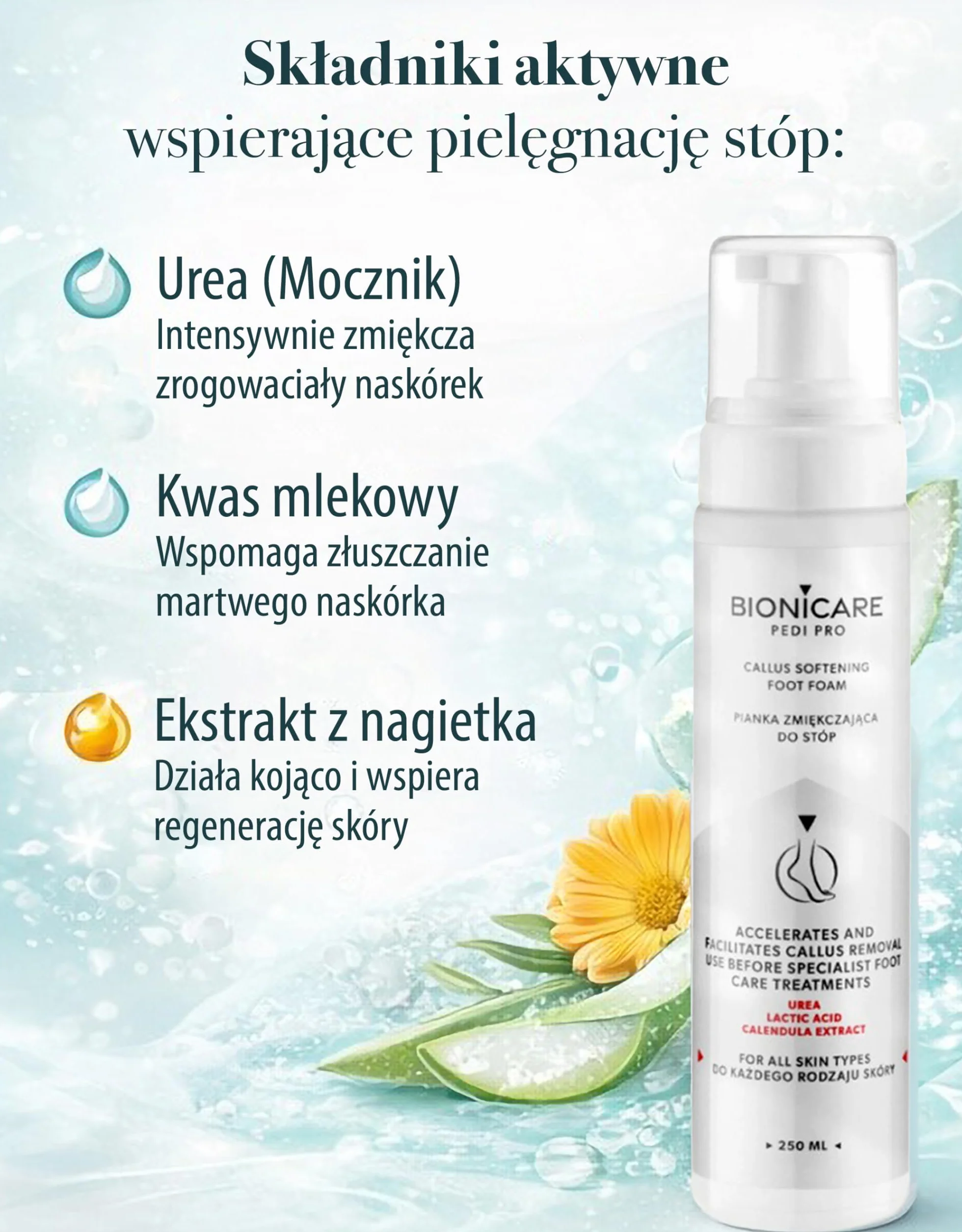 Pianka do Stóp z Mocznikiem 15% - Zmiękczanie Zrogowaceń & Przygotowanie do Zabiegów Pielęgnacyjnych Stóp - z Kwasem Mlekowym i Ekstraktem z Nagietka - 250 ml
