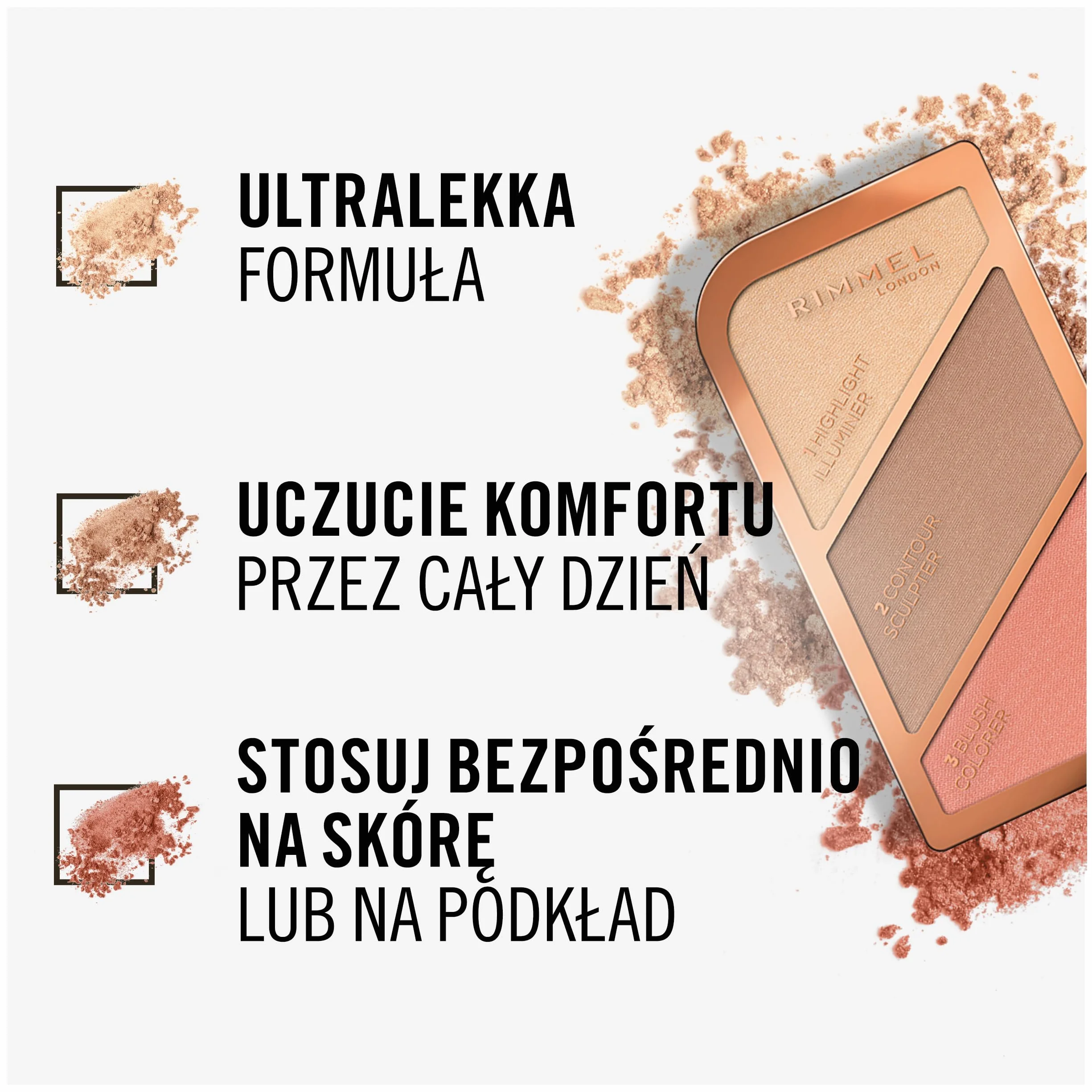 Rimmel rozświetlająca paletka do konturowania twarzy 3w1 nr 002 Coral Glow