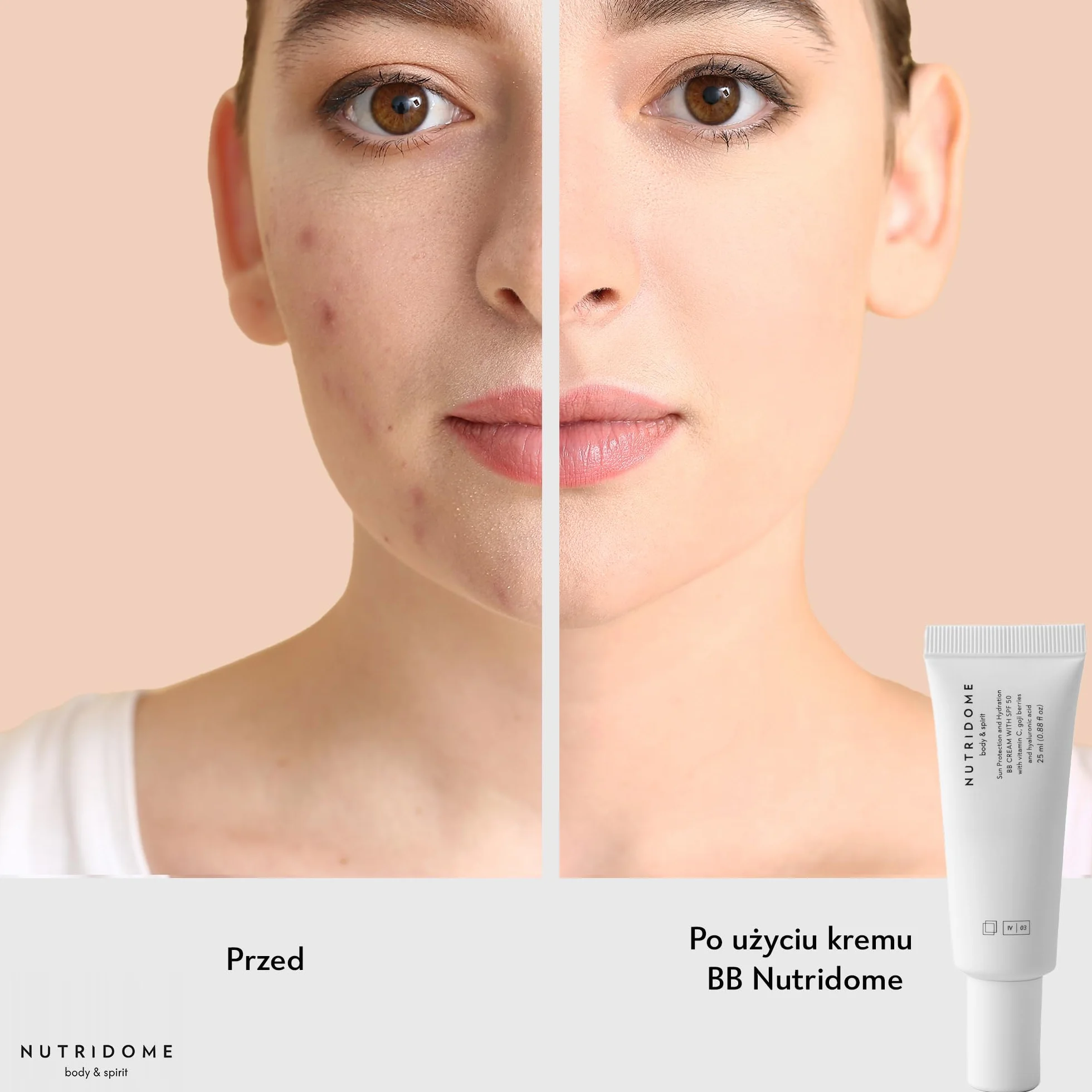 Nutridome | Krem do twarzy BB | SPF50 | Kwas hialuronowy | Wit. C | Skwalan | Oleje roślinne | Chroni przed UV | Kryje drobne niedoskonałości | Wyrównuje koloryt | Kolor: Ivory | 25 ml