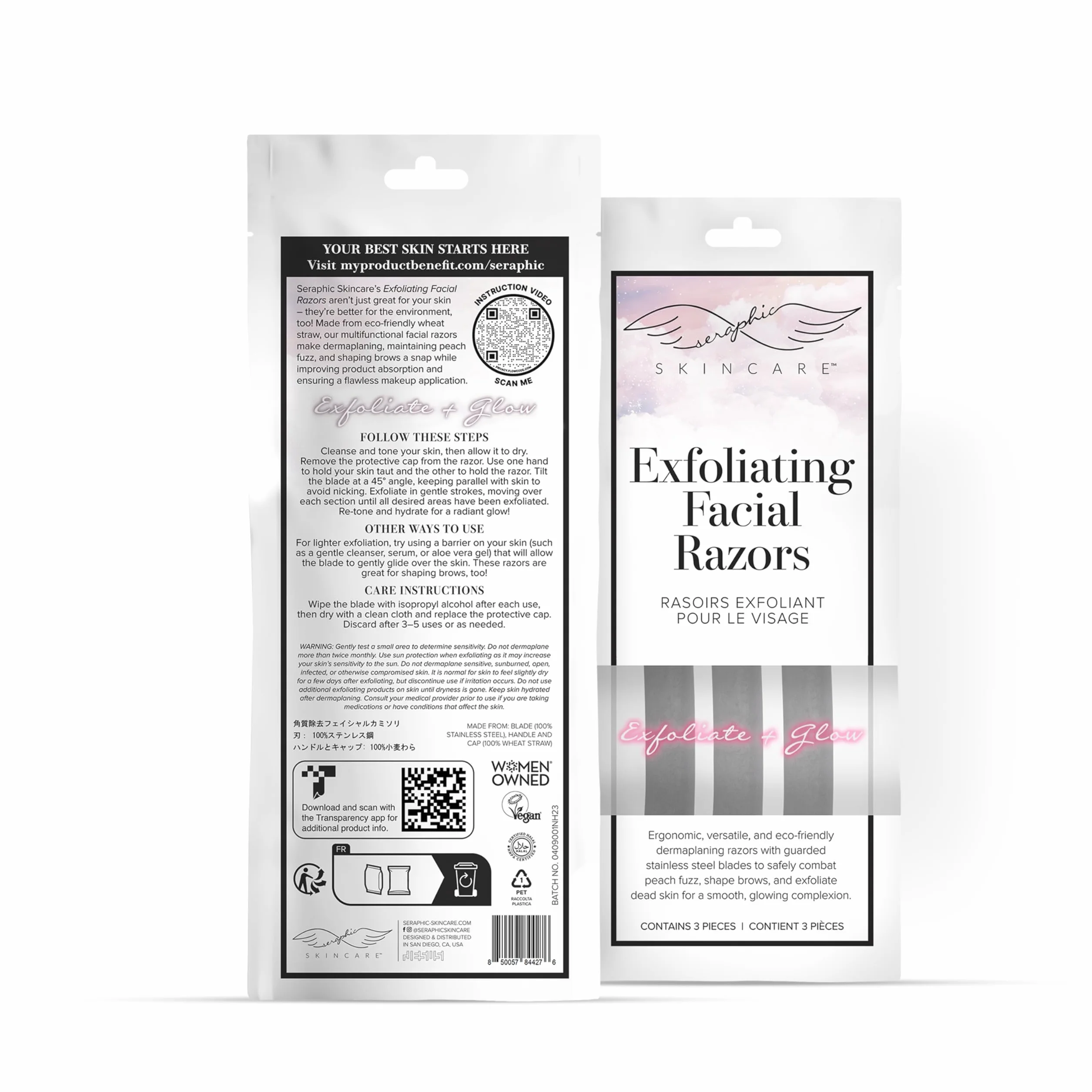 Seraphic Skincare Złuszczające ostrza maszynki do golenia twarzy (3 szt.) – do brwi, brzoskwiniowego złuszczania i złuszczania – maszynka do golenia twarzy dla kobiet – uchwyt ze słomki pszennej i