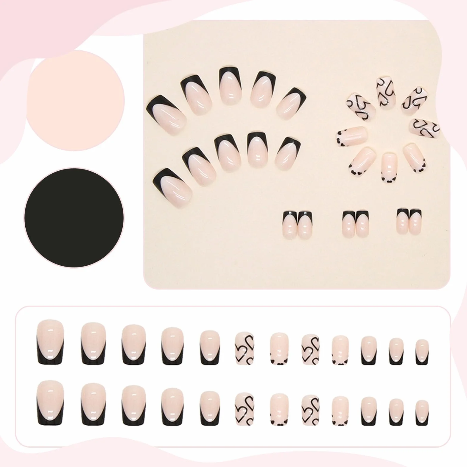 French Tip Press on Nails krótkie kwadratowe sztuczne paznokcie czarne akrylowe z białym wzorem serca klej