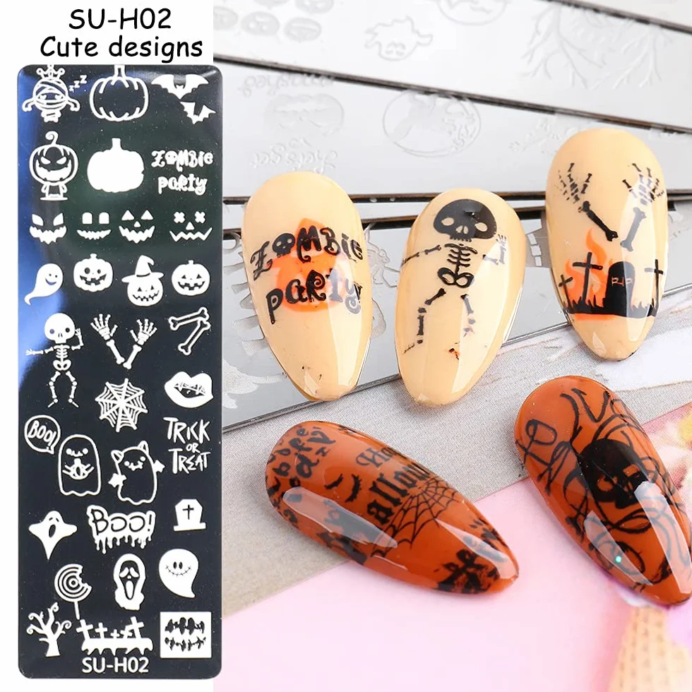 Talerz do stemplowania na Halloween Nail Art - JMEOWIO 7 arkuszy dynia czaszka duch wiedźma obraz płytka paznokcia sztuka design zestaw stempli do manicure zestaw szablonów