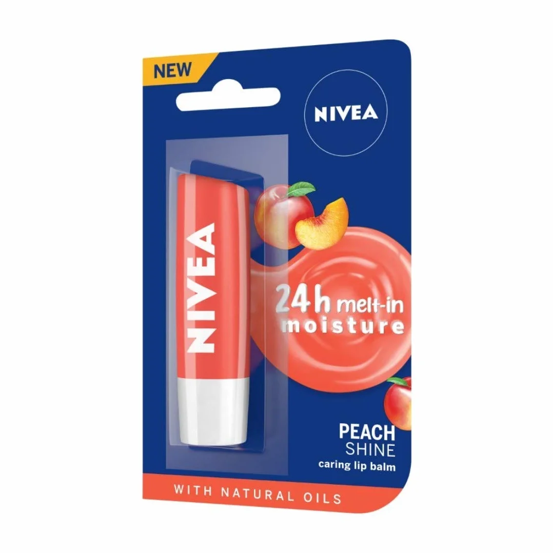 NIVEA Peach Shine Nawilżająca pomadka do ust z masłem shea, pielegnującymi olejkami i witaminami 4,8 g