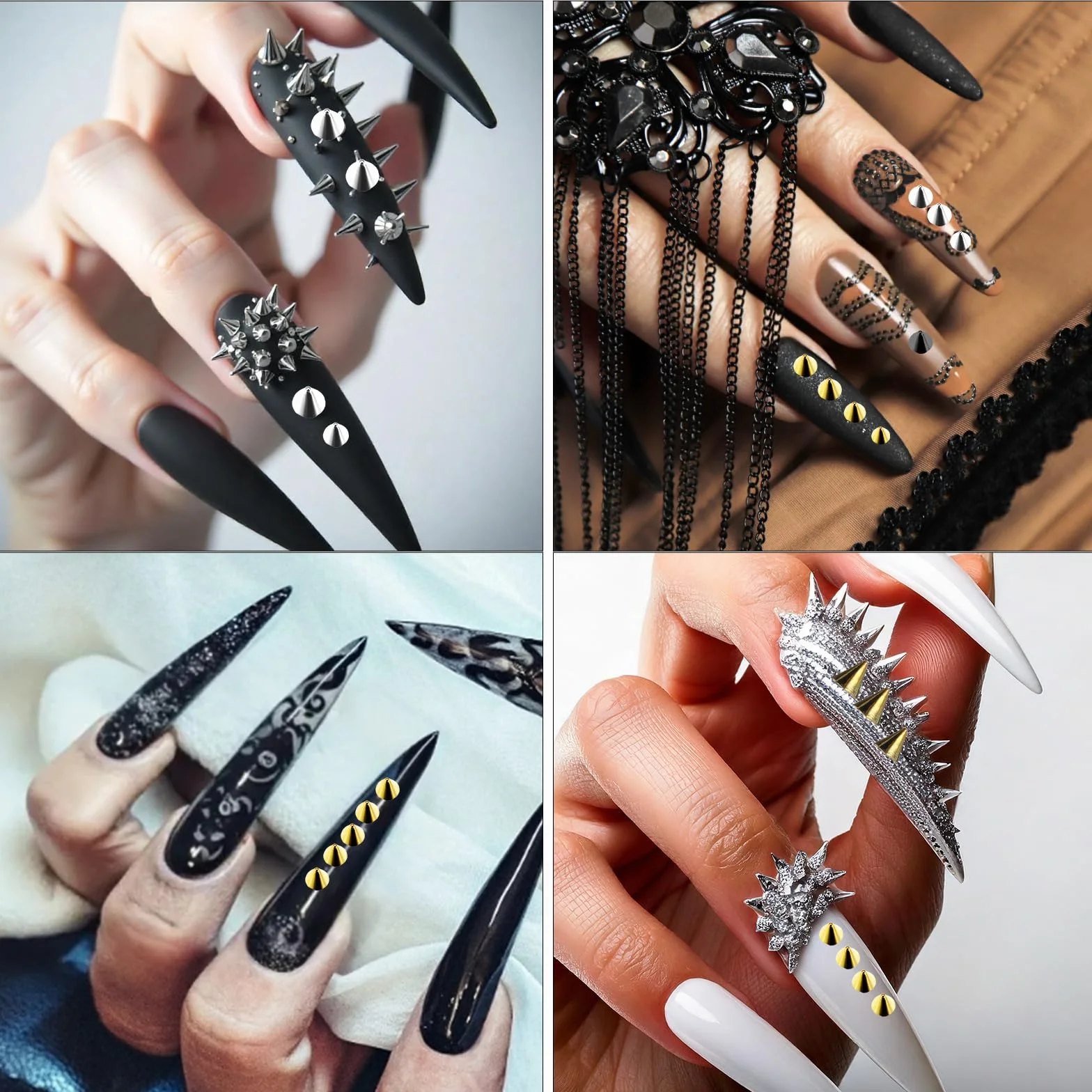 Tucnoeu 2 pudełka nity zawieszki do paznokci - Nail Charms złote srebrne czarne punkowe ozdoby do paznokci błyszczące kamienie akcesoria