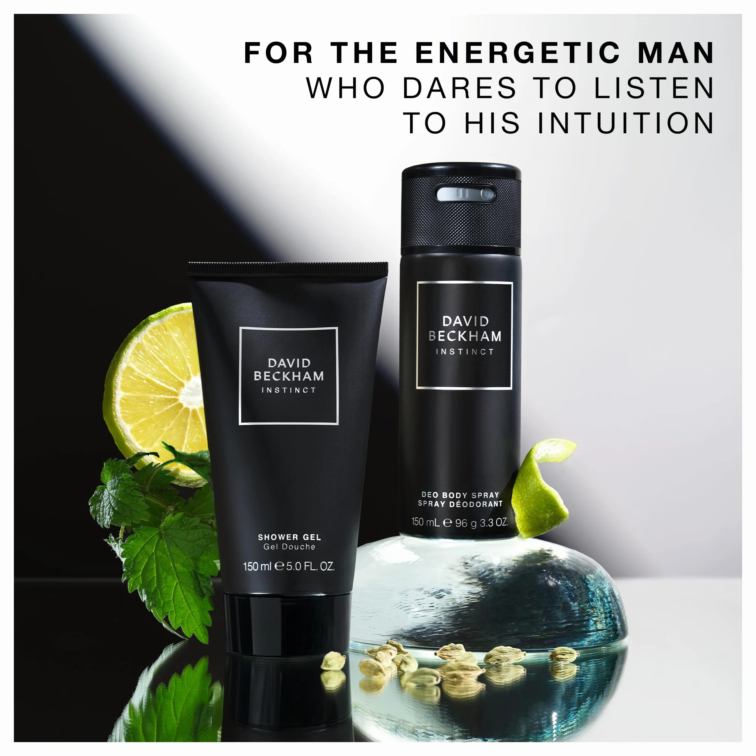 David Beckham Instinct dezodorant do ciała w sprayu i żel pod prysznic, zestaw upominkowy dla niego, urzekające perfumy cytrusowe Fougère, 150 ml i 150 ml