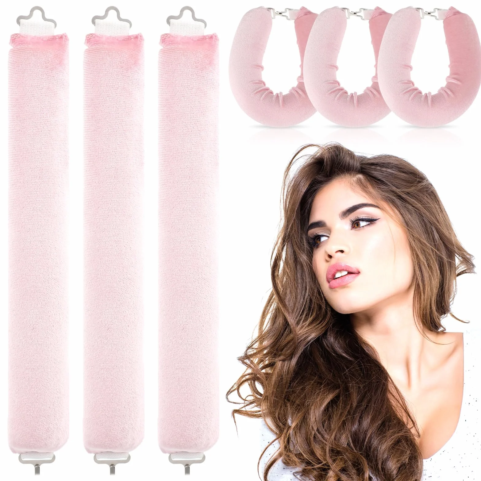Abeillo Heatless Curls 3 sztuki loków bez wysokiej temperatury zestaw do samodzielnego wykonania loków na noc duża do długich i średnich włosów różowe