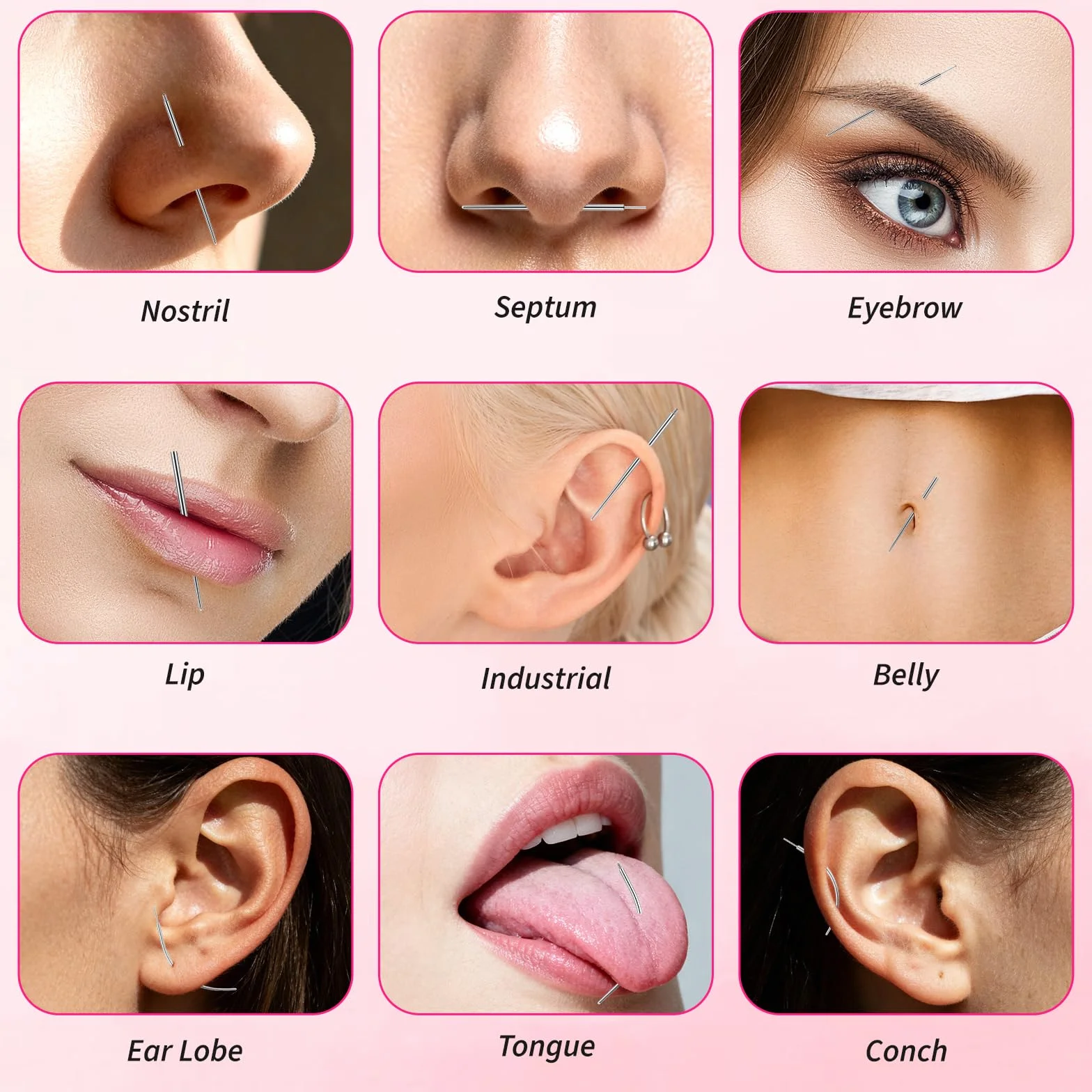 13 szt. narzędzie do piercingu kulkowego 14G, 16G, 18G, 20G, aplikator do kolczyków ze stali nierdzewnej, z gwintowanym i bezgwintowanym trzpieniem do wkładania, zakrzywiony, wciskany, do piercingu