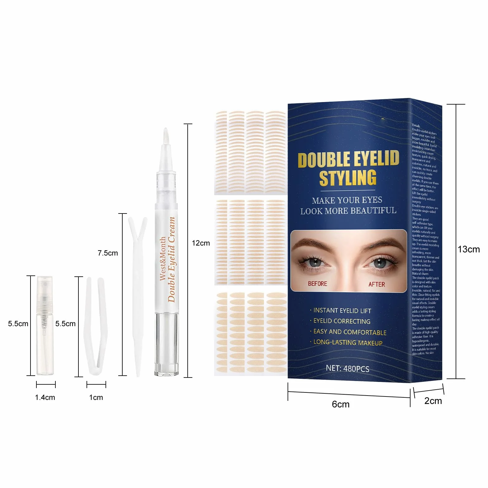 Podwójna taśma do powiek, podwójna taśma do powiek, niewidoczna taśma do powiek, eyelid glue, eyelid, idealna do Hooded, Droopy Eyelid, Uneven, Mono-powiek (480 sztuk)