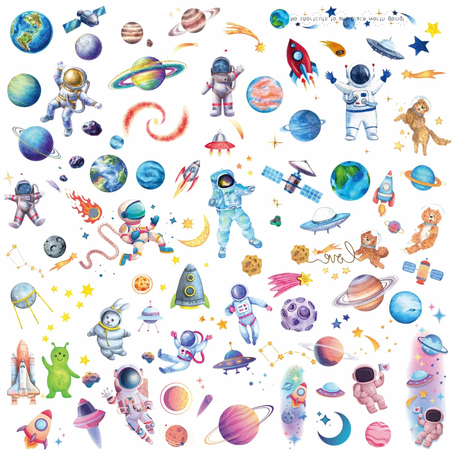 Amaxiu 12 arkuszy błyszczącego kosmosu tymczasowego tatuażu dla dzieci, astronauci, planety, sztuczne tatuaże, naklejki, bling, śliczny statek rakietowy, tatuaż do transferu wody, tatuaż twarz