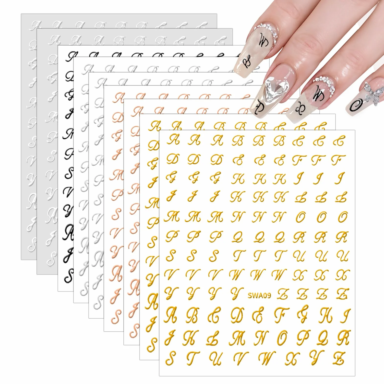 Naklejki na paznokcie 3D z literami, samoprzylepne, 10 sztuk