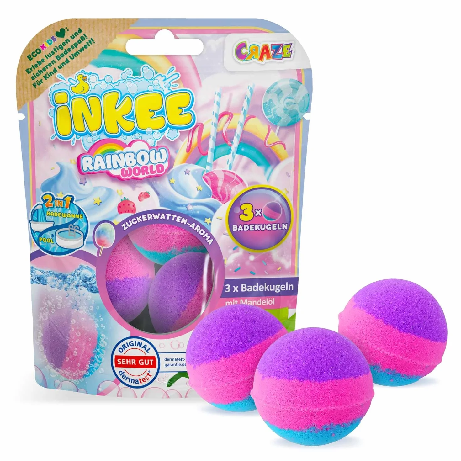 INKEE Pack Color Rainbow World – 3-pak pachnących kul kąpielowych dla dzieci, 3 x kule do kąpieli w kolorze różowym, fioletowym i niebieskim – dodatek do kąpieli dla dzieci z aromatem waty cukrowej i