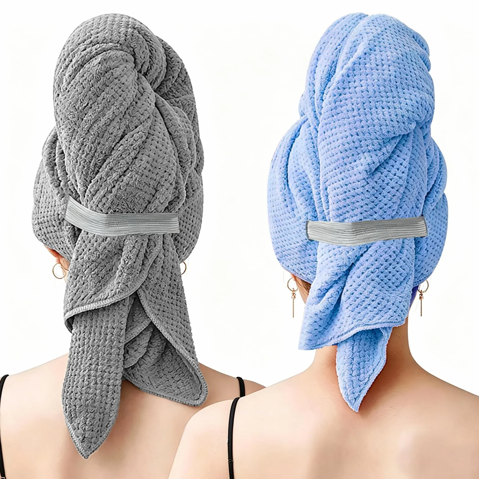AOOWU 2-pak dużych ręczników do suszania włosów z mikrofibry, szybkoschnący turban do włosów dla kobiet i dziewcząt, turban do włosów przeciw puszeniu się mokrych włosów, super chłonne