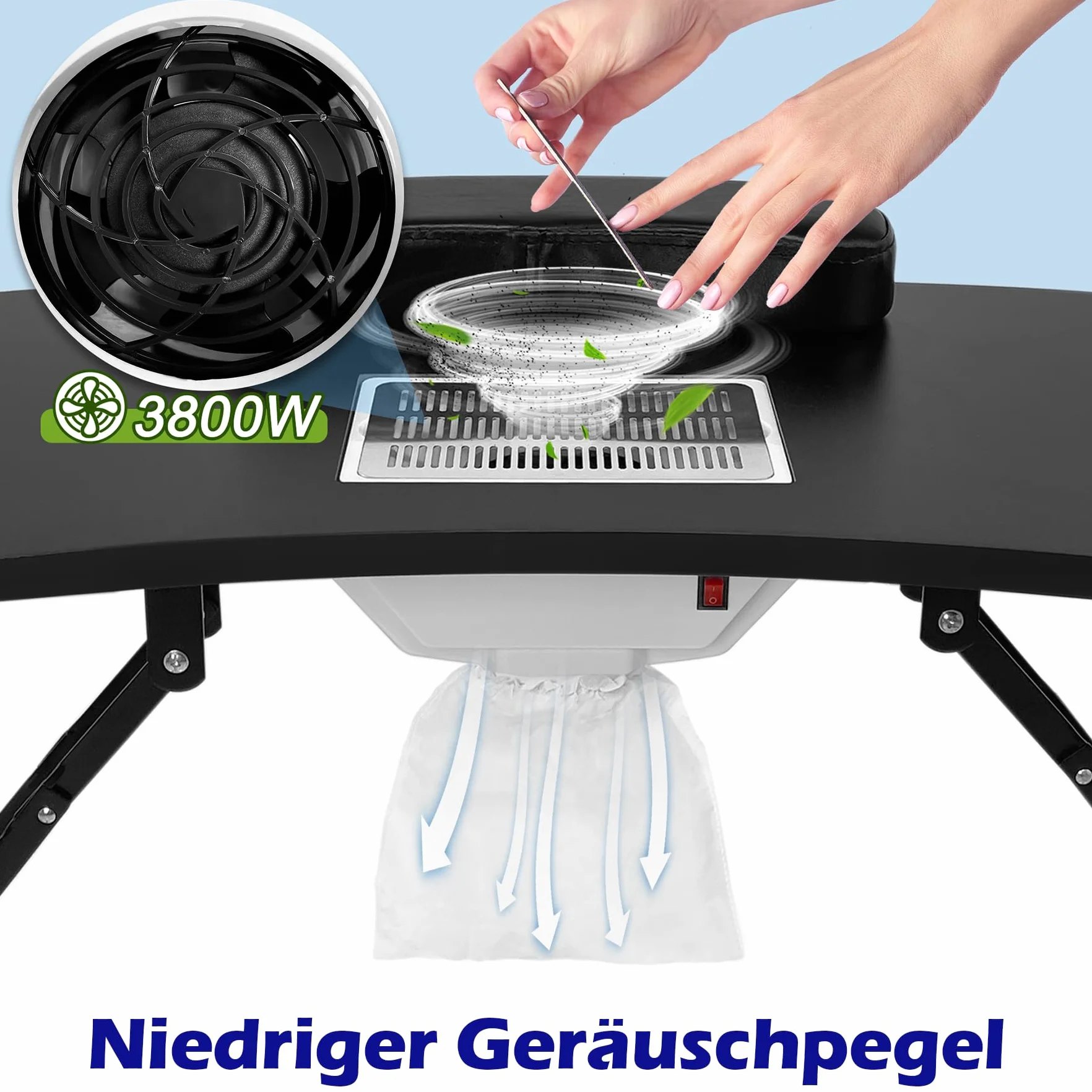 Froadp Zestaw Stolików do Manicure 90x33x77cm Składane Stoły do Paznokci Mobilny Stolik do Manicure z Poduszką na Rękę z PU, Odkurzaczem do Paznokci, Torbą na Kurz i Torbą do Przechowywania (Czarny)