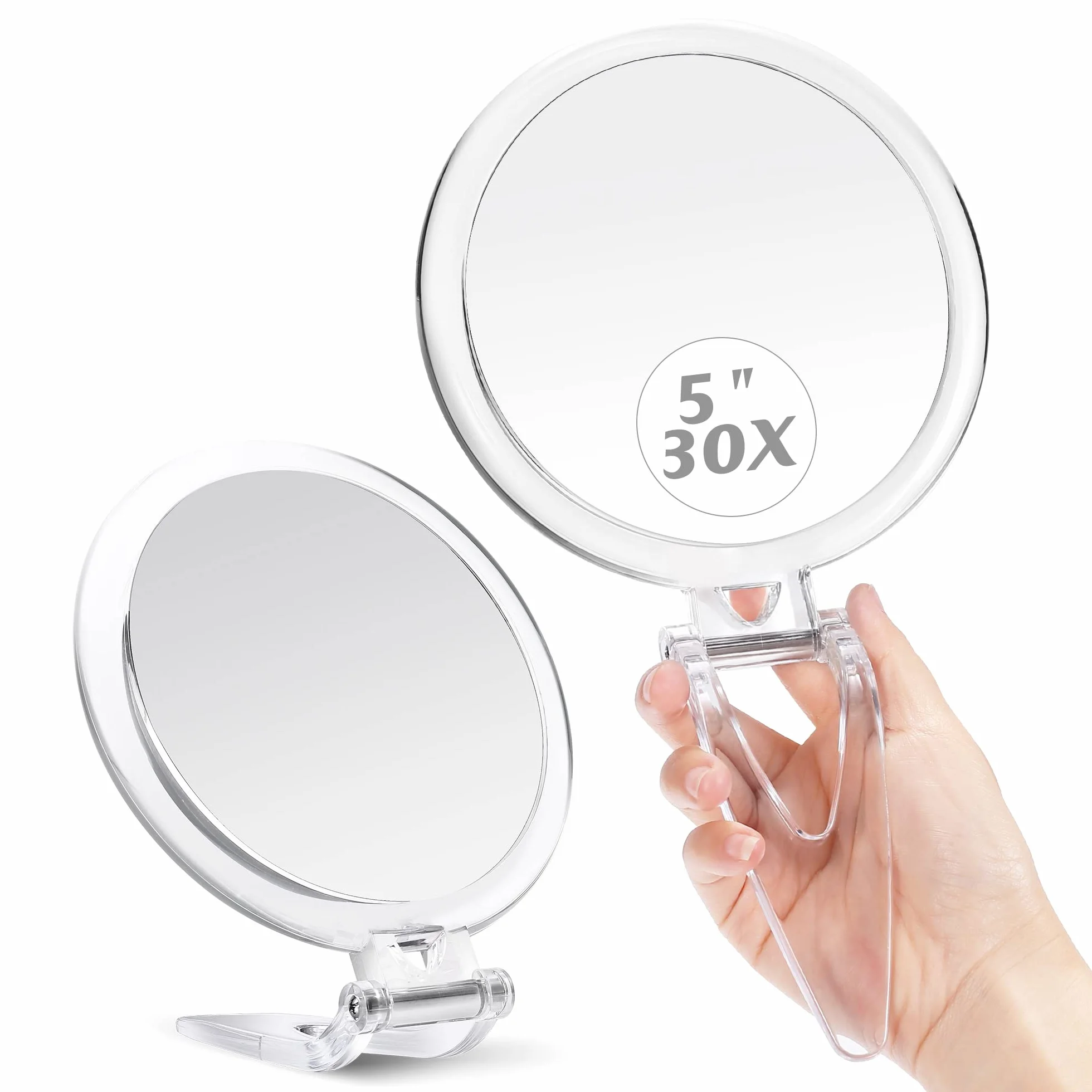 MIYADIVA Lusterko ręczne 30-krotne powiększające z uchwytem, lusterko podróżne z dwustronnym powiększeniem 1/30x, lusterko do makijażu o przekątnej 15,5 cm (5"), jako prezent dla rodziców.