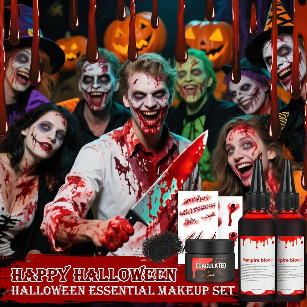 Sztuczna krew makijaż Halloween zestaw 6 sztuk 2×60ml Kapiąca 50ml Zakrzepła plazma krwi Gąbka stipple 2×Zszyte blizny tatuaże Fake Blood realistyczna SFX