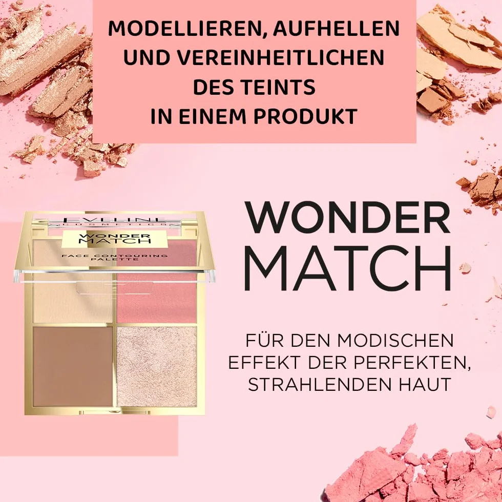 Eveline Cosmetics Wonder Match wielofunkcyjna paleta do twarzy – bronzer, róż, rozświetlacz i puder – wegańska formuła o zapachu czekolady, do makijażu dziennego i wieczorowego