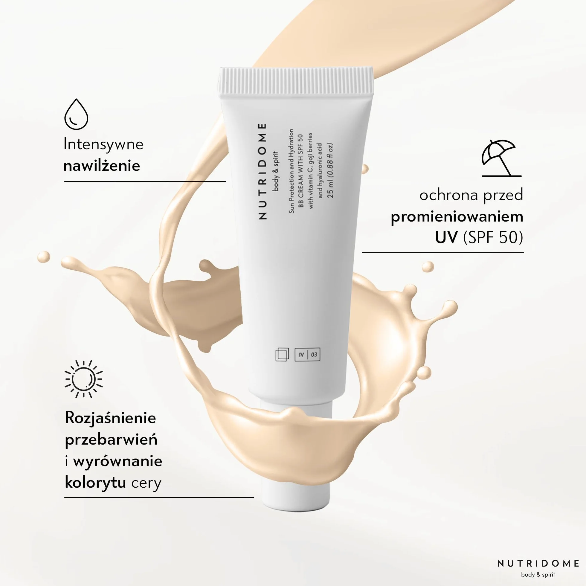 Nutridome | Krem do twarzy BB | SPF50 | Kwas hialuronowy | Wit. C | Skwalan | Oleje roślinne | Chroni przed UV | Kryje drobne niedoskonałości | Wyrównuje koloryt | Kolor: Ivory | 25 ml