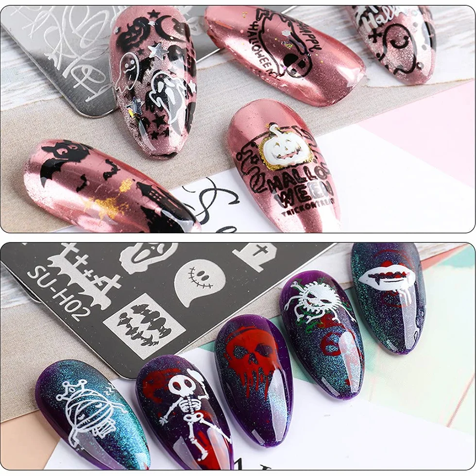 Talerz do stemplowania na Halloween Nail Art - JMEOWIO 7 arkuszy dynia czaszka duch wiedźma obraz płytka paznokcia sztuka design zestaw stempli do manicure zestaw szablonów