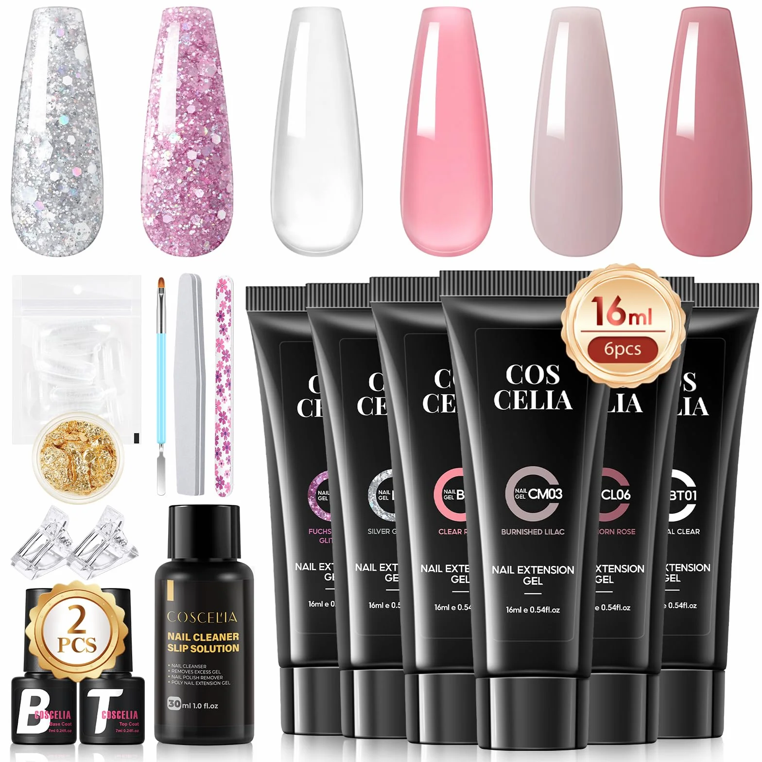 COSCELIA Poly Nail Gel Extension Kit 6 Colours 16ml Builder Kit Żel do paznokci z bazą i top coatem