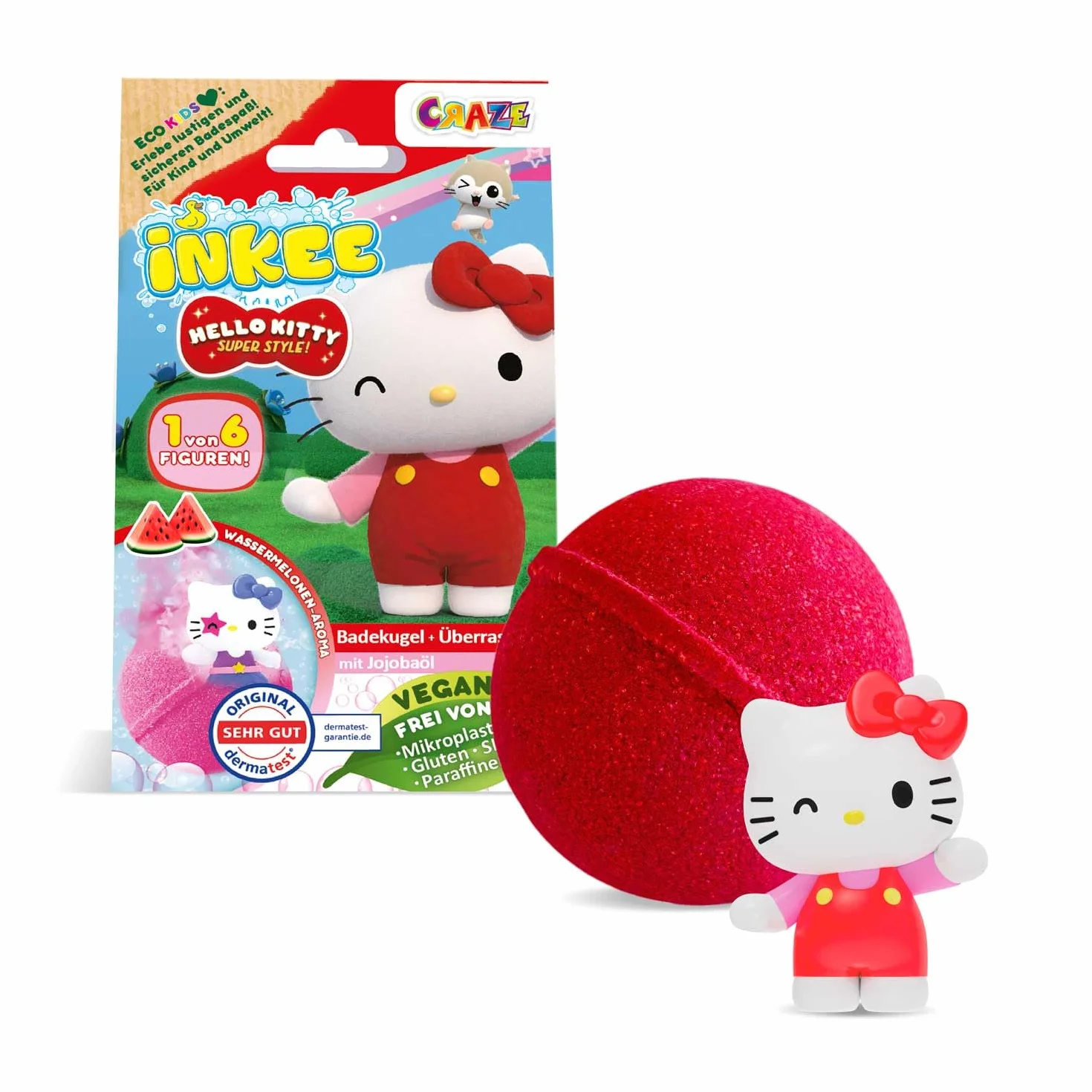 INKEE Hello Kitty – Bomba do Kąpieli dla Dzieci z Niespodzianką – 1 z 6 Figurek Hello Kitty do Zebrania – Kula do Kąpieli 80g z Aromatem Arbuza i Olejem Jojoba, Różowa lub Czerwona