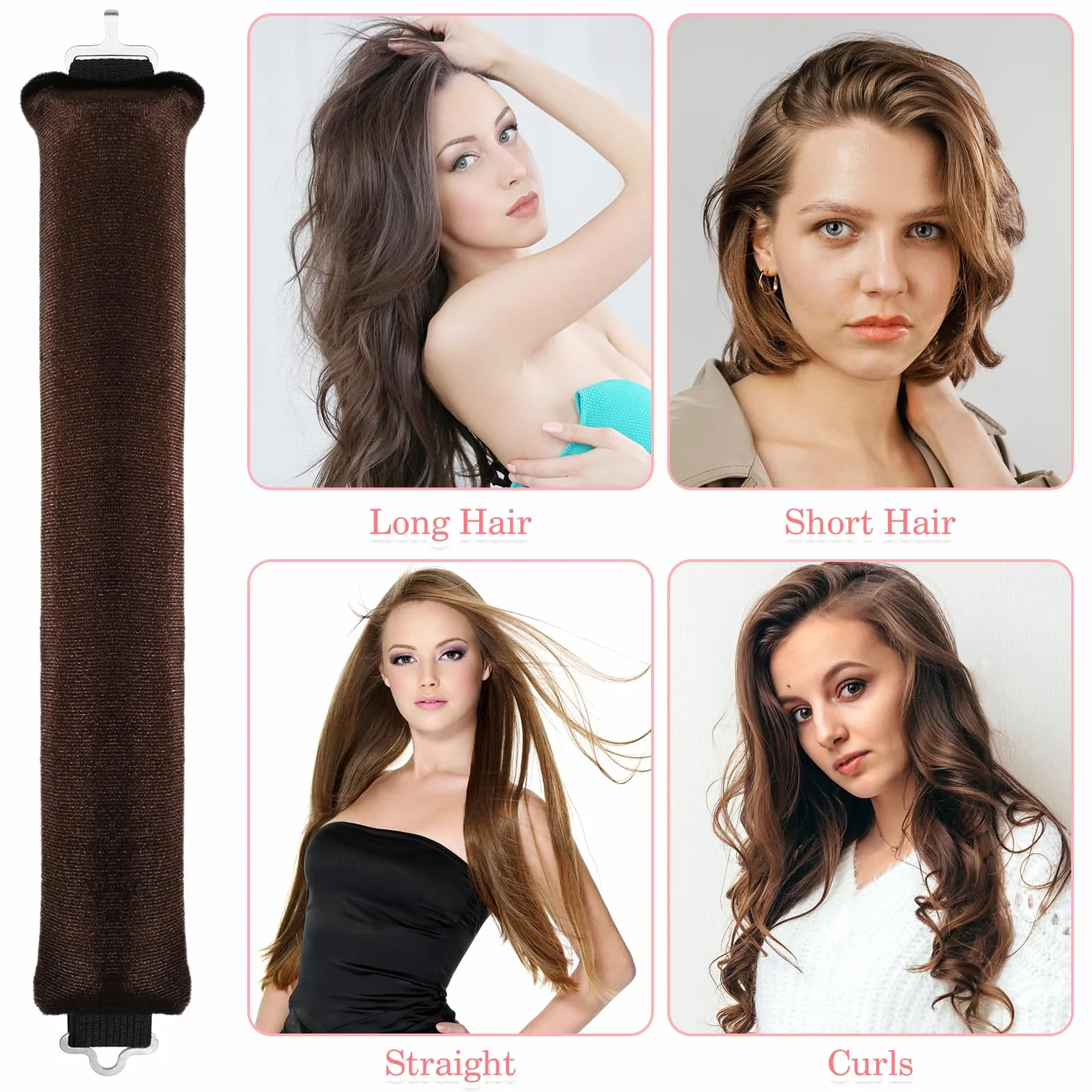 Yuanchu Taśma Heatless Curls do włosów bez ciepła, brązowa, do wszystkich rodzajów włosów, lokówka z haczykami