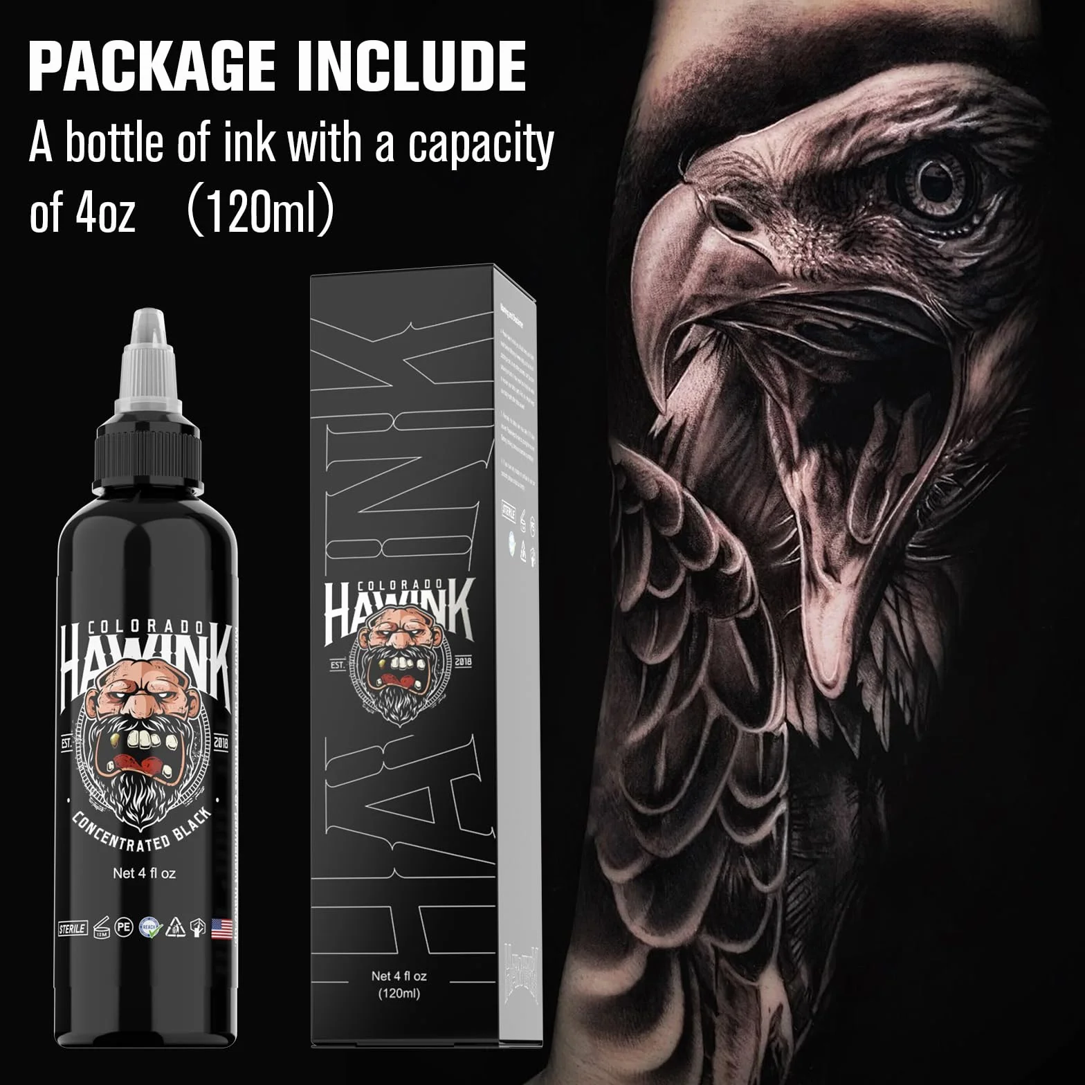 Hawink Black Tattoo Ink 4oz (120 ml) Vegan USA Standard Pigment Pure Black